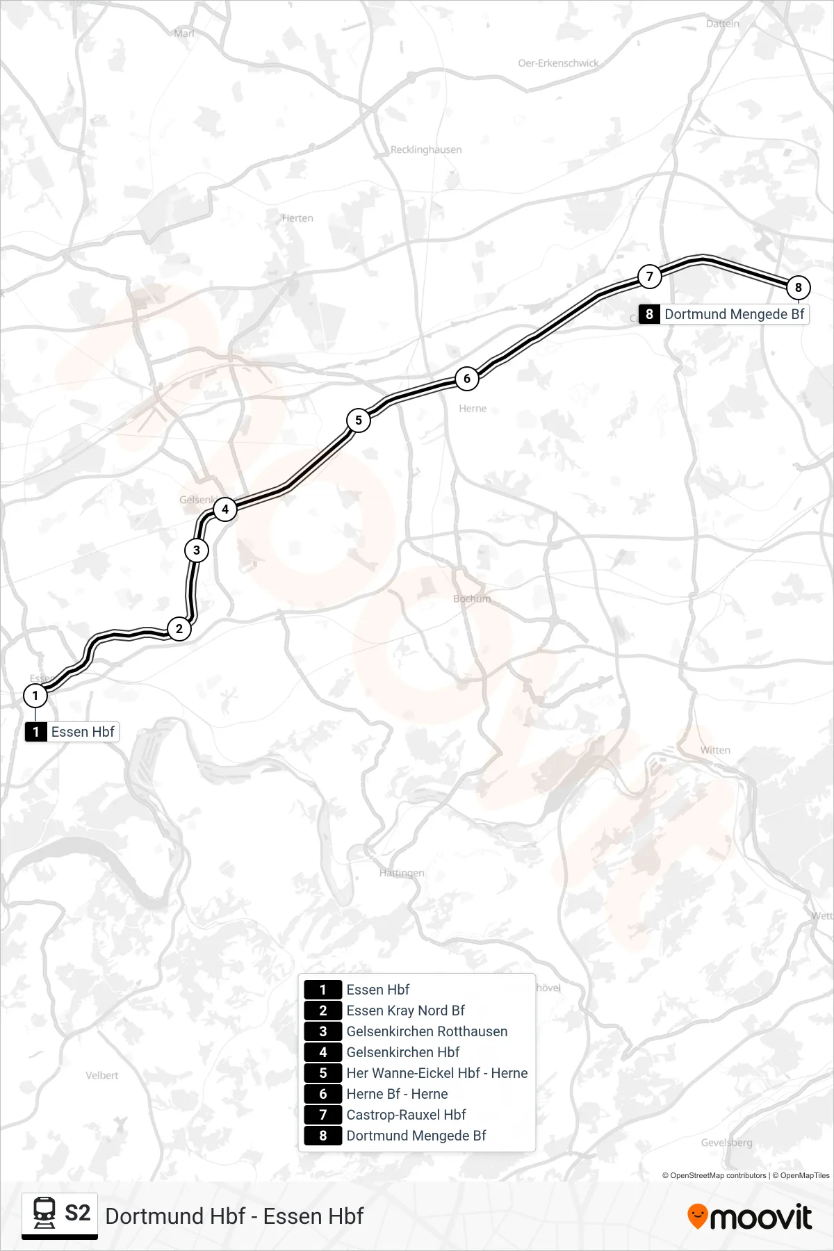 S2 rail Line (Dortmund Mengede Bf) route and stops on a map