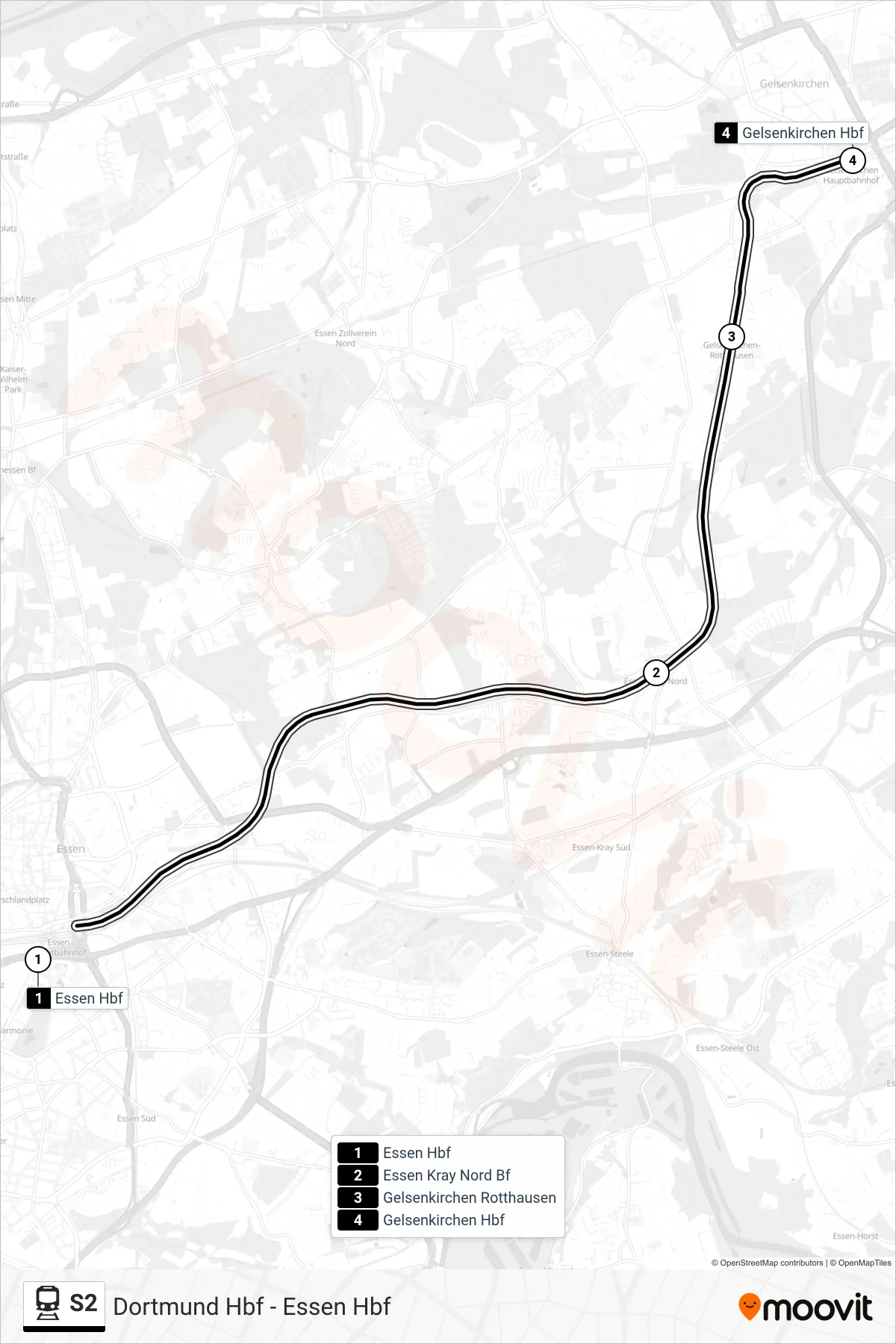S2 train Line (Gelsenkirchen Hbf) route and stops on a map