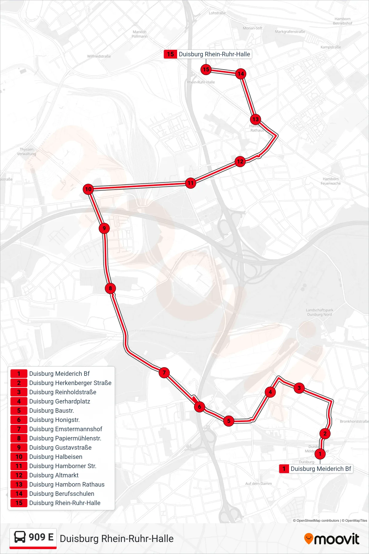 Linie 909 E (Bus) Richtung Duisburg Rhein-Ruhr-Halle: Route und Haltestellen auf der Karte