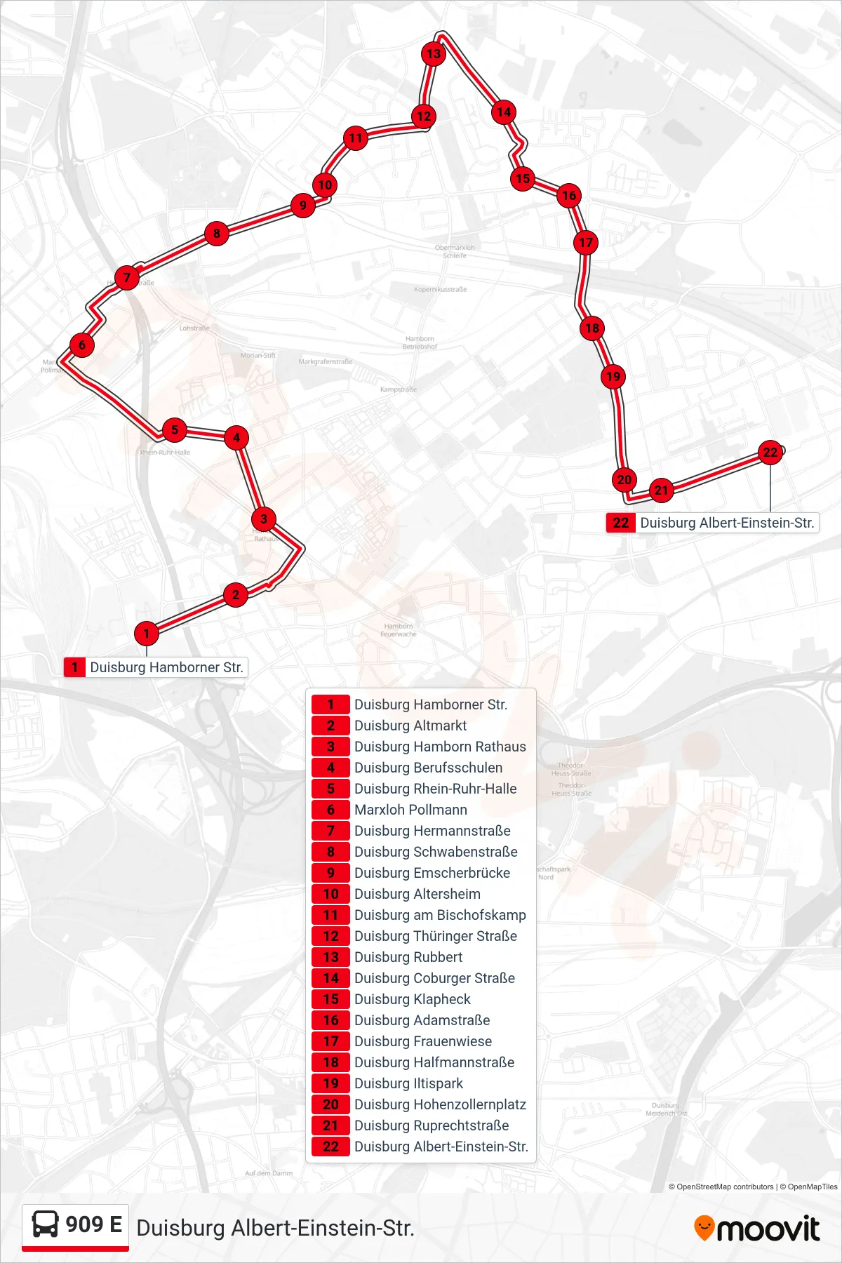 909 E bus Line (Duisburg Albert-Einstein-Str.) route and stops on a map