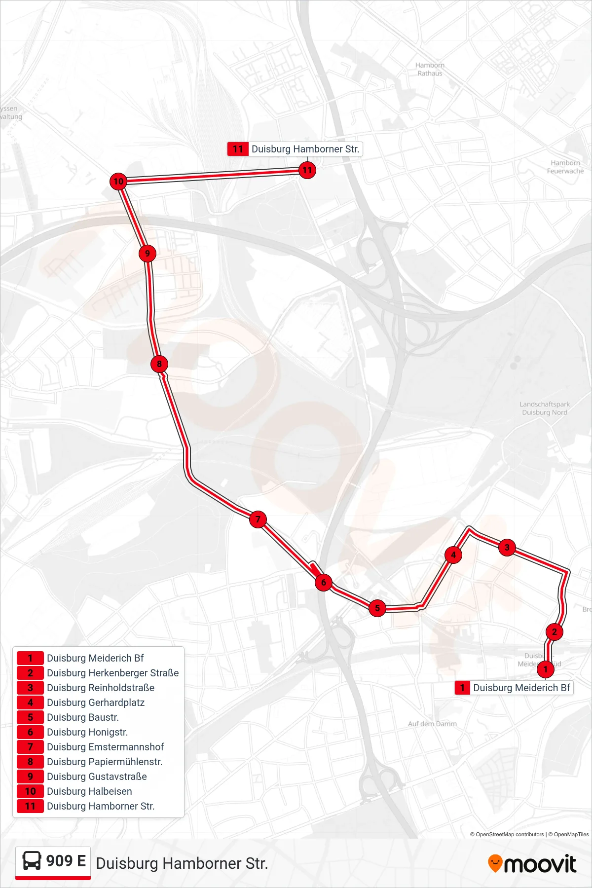 909 E bus Line (Duisburg Hamborner Str.) route and stops on a map