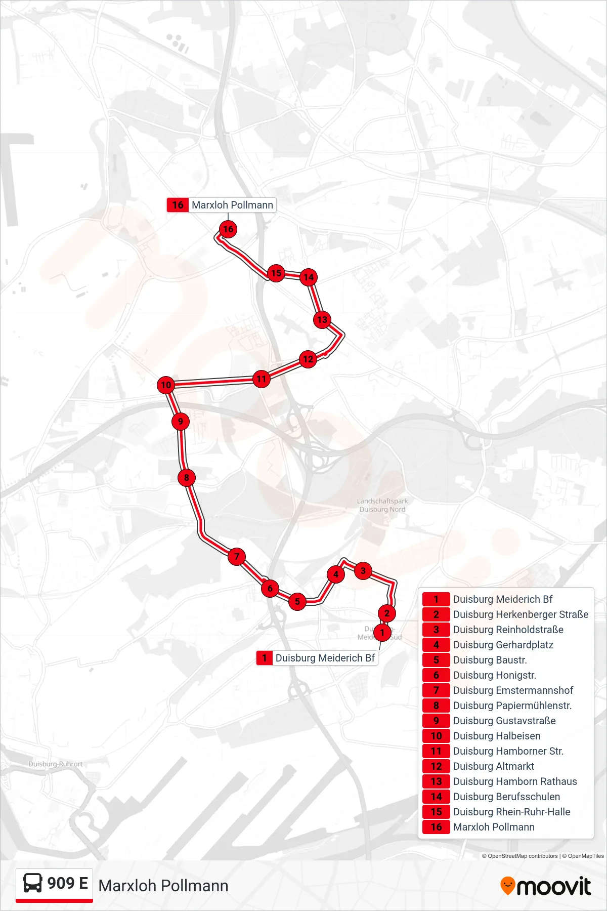 909 E bus Line (Marxloh Pollmann) route and stops on a map