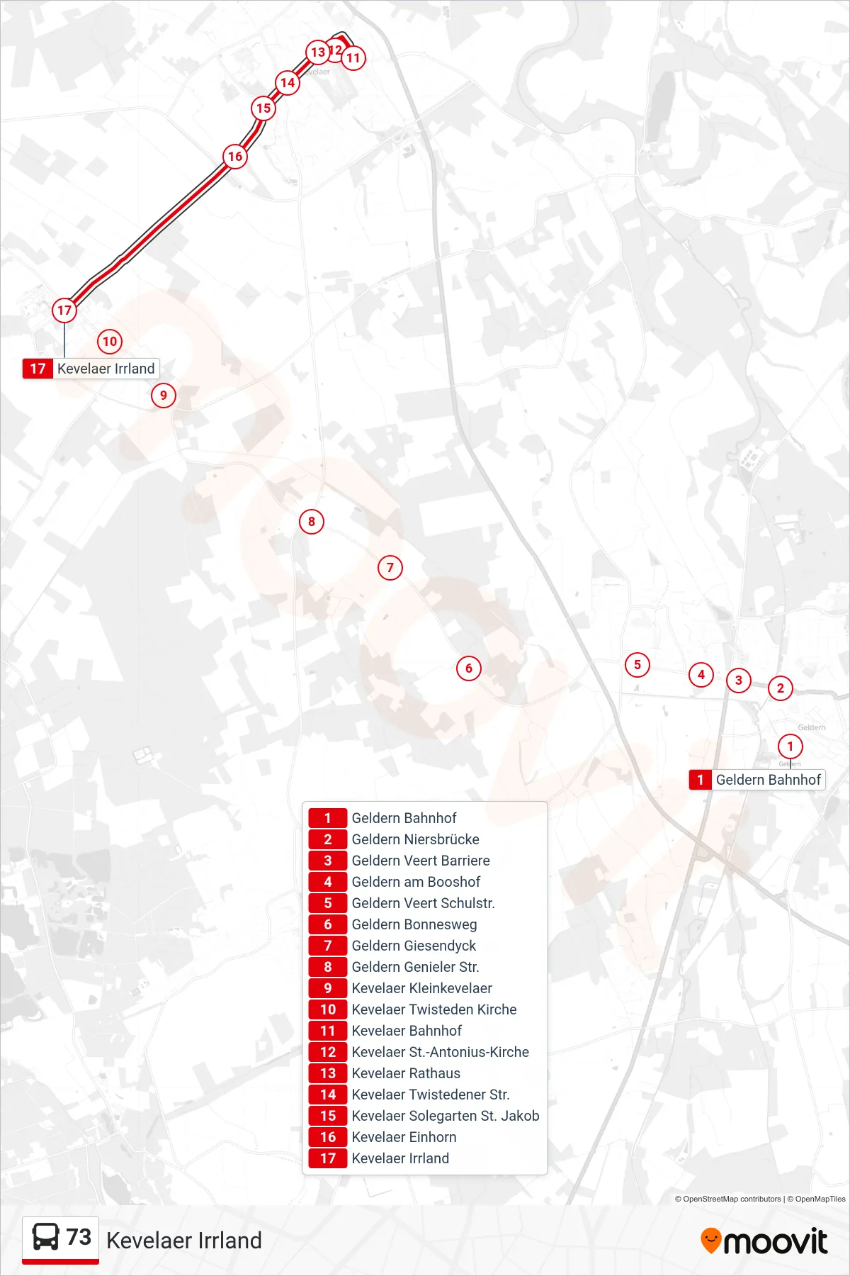 Linie 73 (Bus) Richtung Kevelaer Irrland: Route und Haltestellen auf der Karte