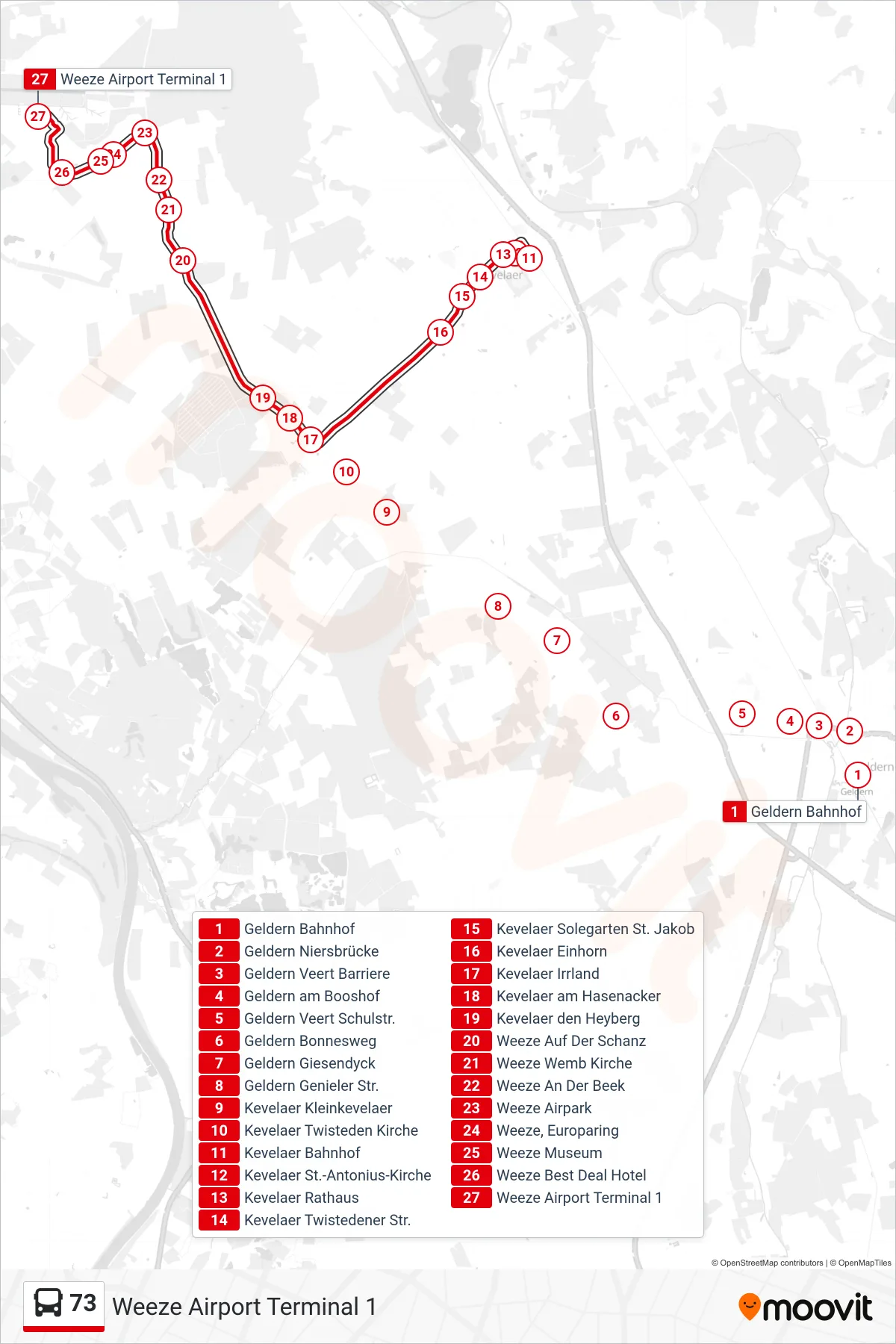 73 bus Line (Weeze Airport Terminal 1) route and stops on a map