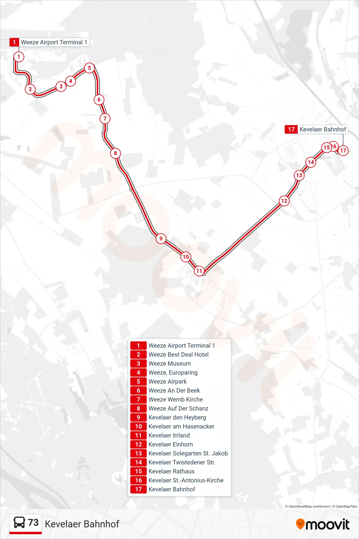 73 bus Line (Kevelaer Bahnhof) route and stops on a map
