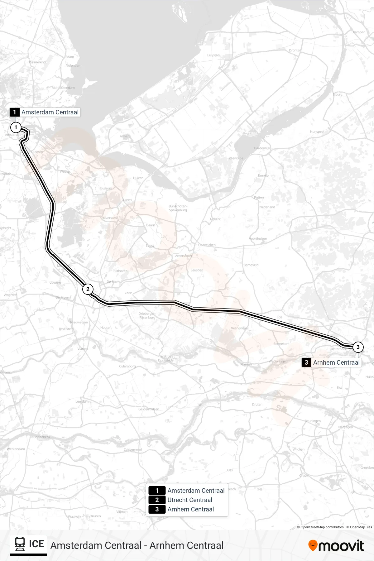 Linie ICE (Bahn) Richtung Arnhem Centraal: Route und Haltestellen auf der Karte