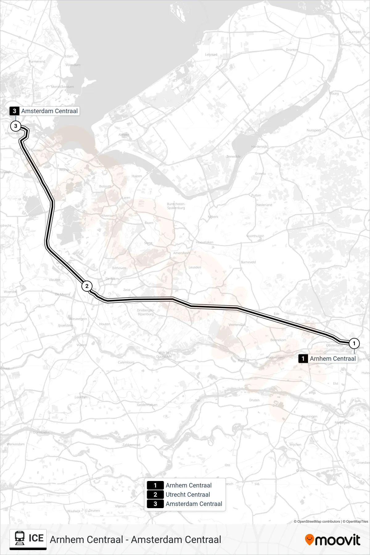 Linie ICE (Bahn) Richtung Amsterdam Centraal: Route und Haltestellen auf der Karte