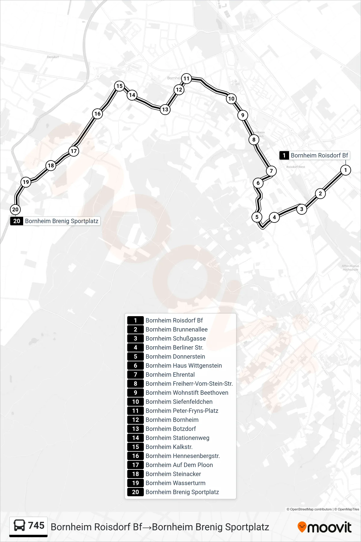 Linie 745 (Bus) Richtung Bornheim Roisdorf Bf→Bornheim Brenig Sportplatz: Route und Haltestellen auf der Karte