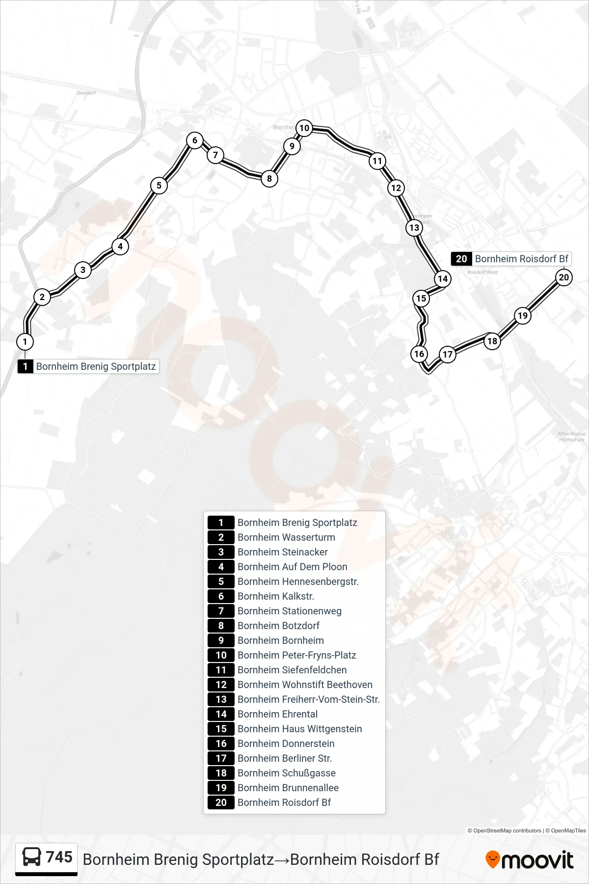 Linie 745 (Bus) Richtung Bornheim Brenig Sportplatz→Bornheim Roisdorf Bf: Route und Haltestellen auf der Karte