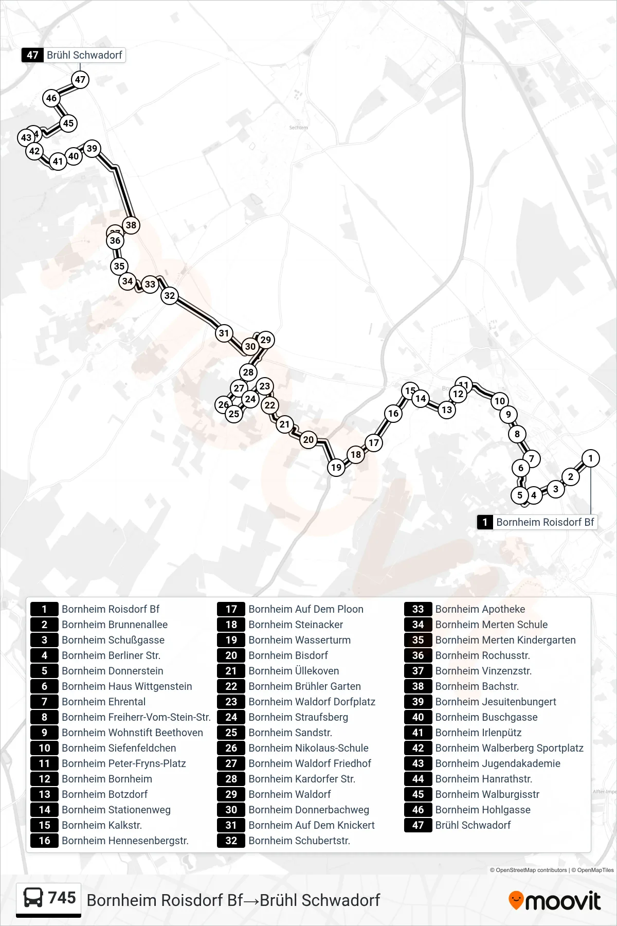 Linie 745 (Bus) Richtung Bornheim Roisdorf Bf‎→Brühl Schwadorf: Route und Haltestellen auf der Karte