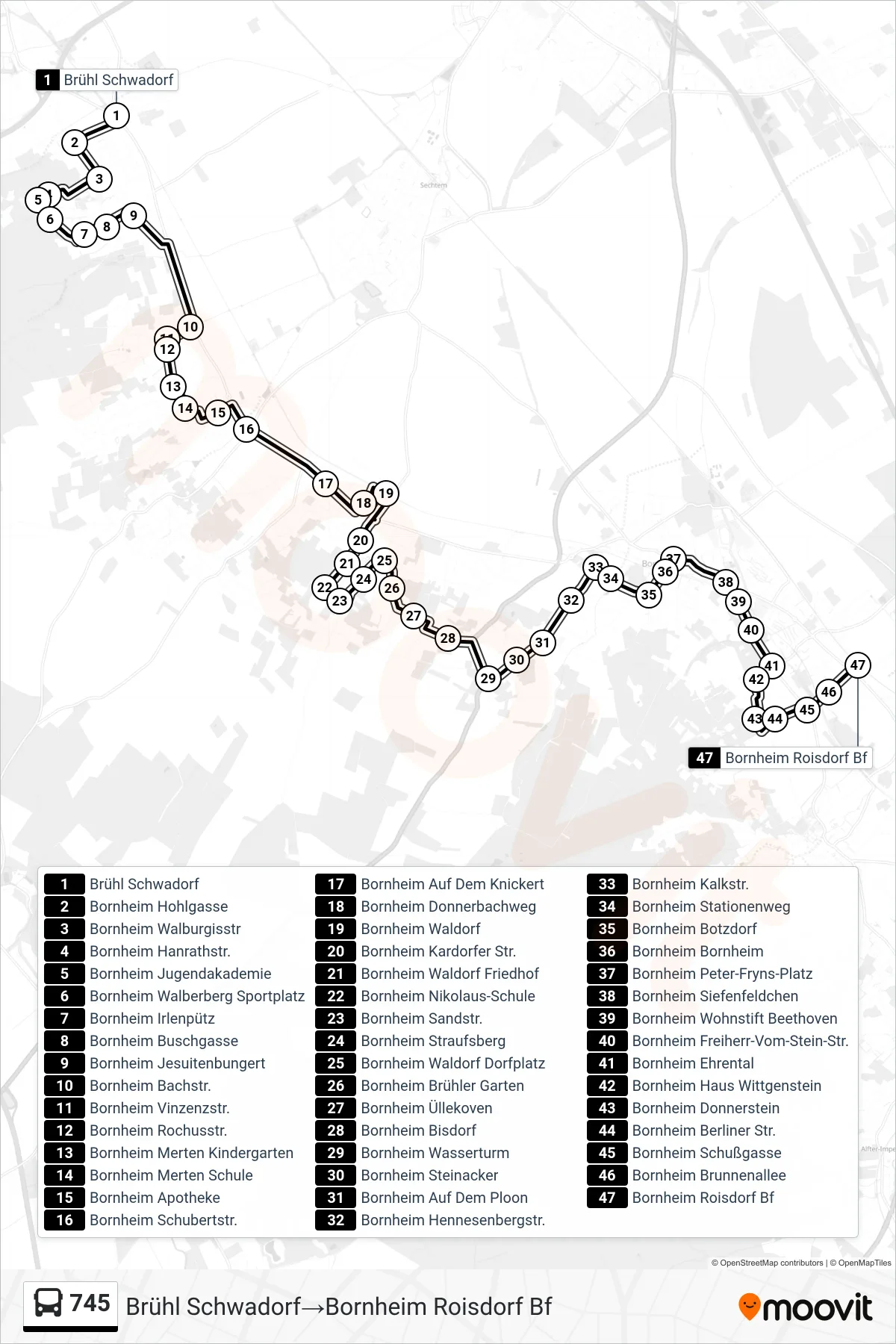 Linie 745 (Bus) Richtung Brühl Schwadorf→Bornheim Roisdorf Bf: Route und Haltestellen auf der Karte