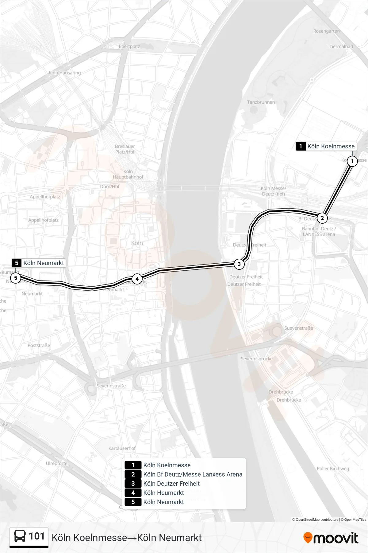 101 bus Line (Köln Koelnmesse‎→Köln Neumarkt) route and stops on a map