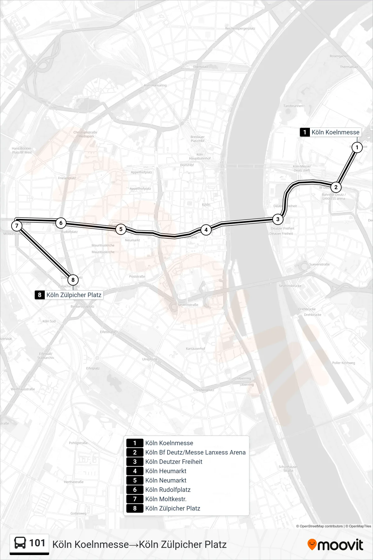 101 bus Line (Köln Koelnmesse‎→Köln Zülpicher Platz) route and stops on a map