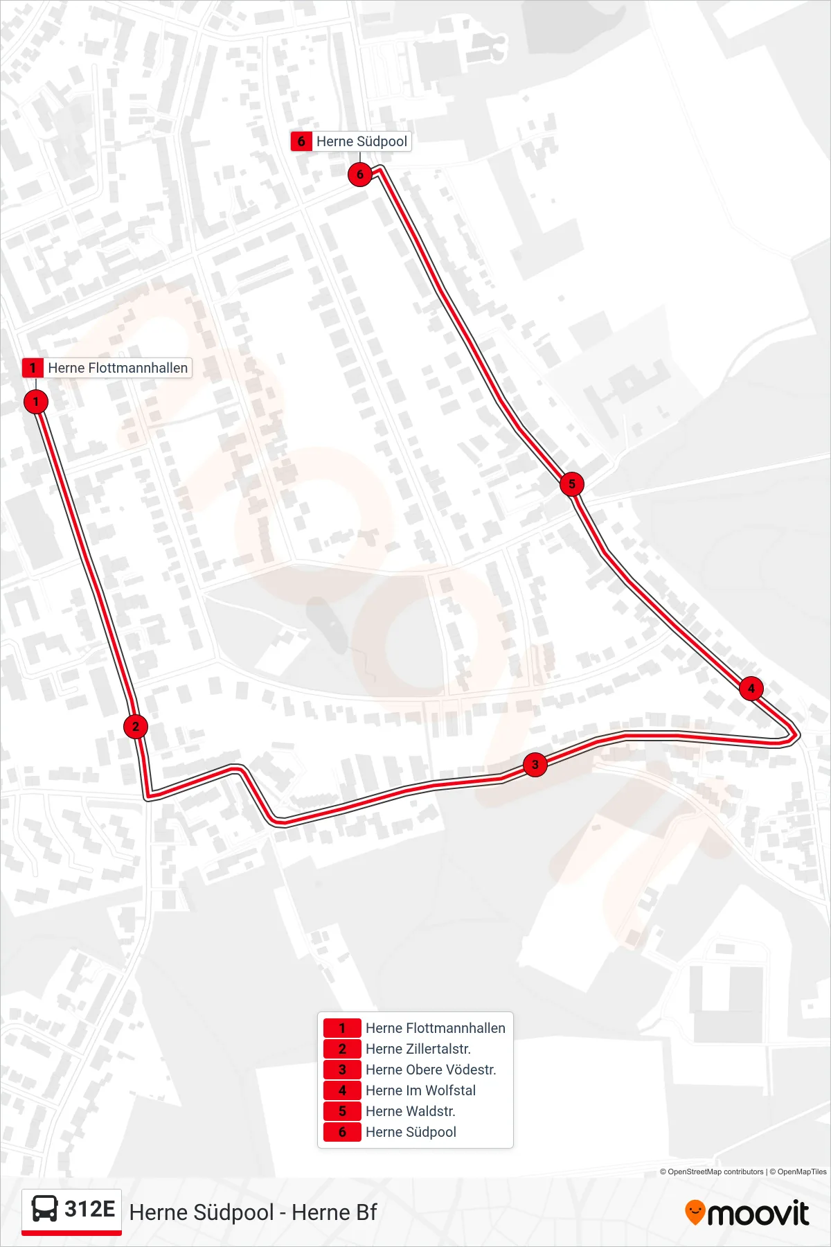 Linie 312E (Bus) Richtung Herne Südpool: Route und Haltestellen auf der Karte
