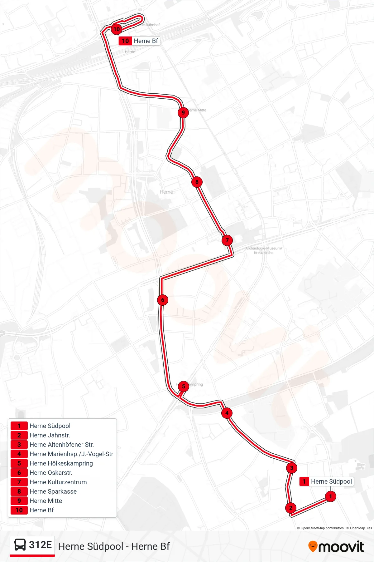 Linie 312E (Bus) Richtung Herne Bf: Route und Haltestellen auf der Karte