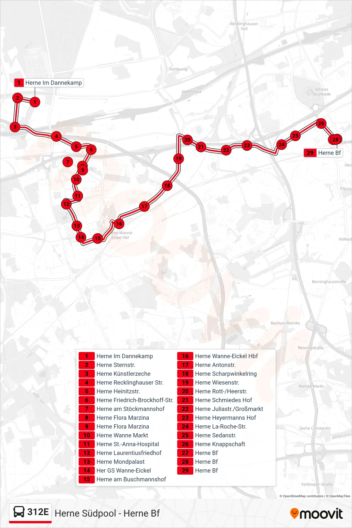 312E bus Line (Herne Bf) route and stops on a map