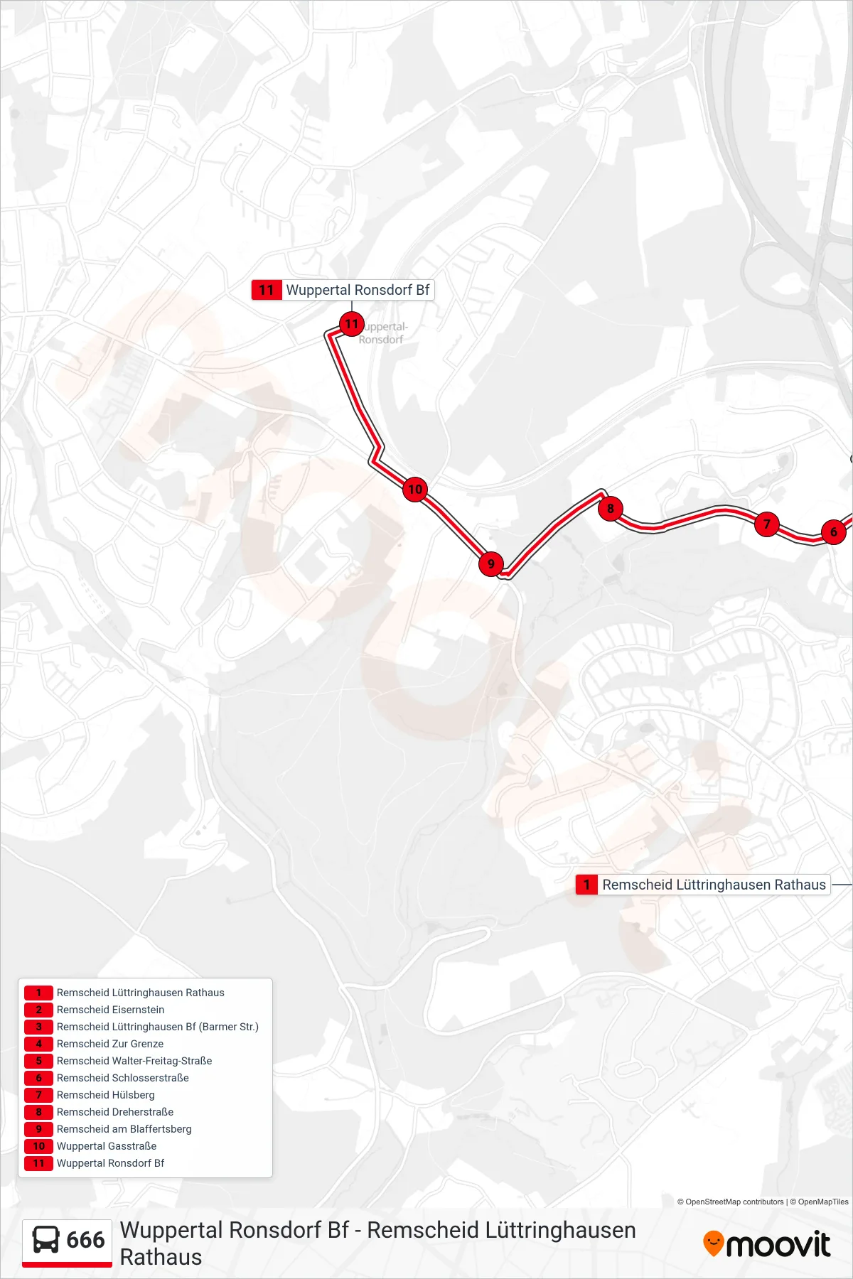 Linie 666 (Bus) Richtung Wuppertal Ronsdorf Bf: Route und Haltestellen auf der Karte