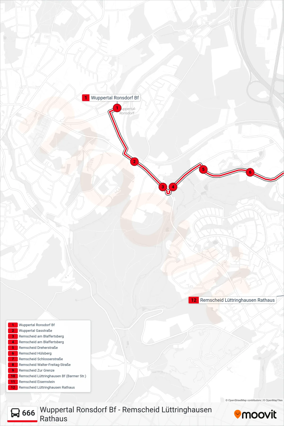 Linie 666 (Bus) Richtung Remscheid Lüttringhausen Rathaus: Route und Haltestellen auf der Karte