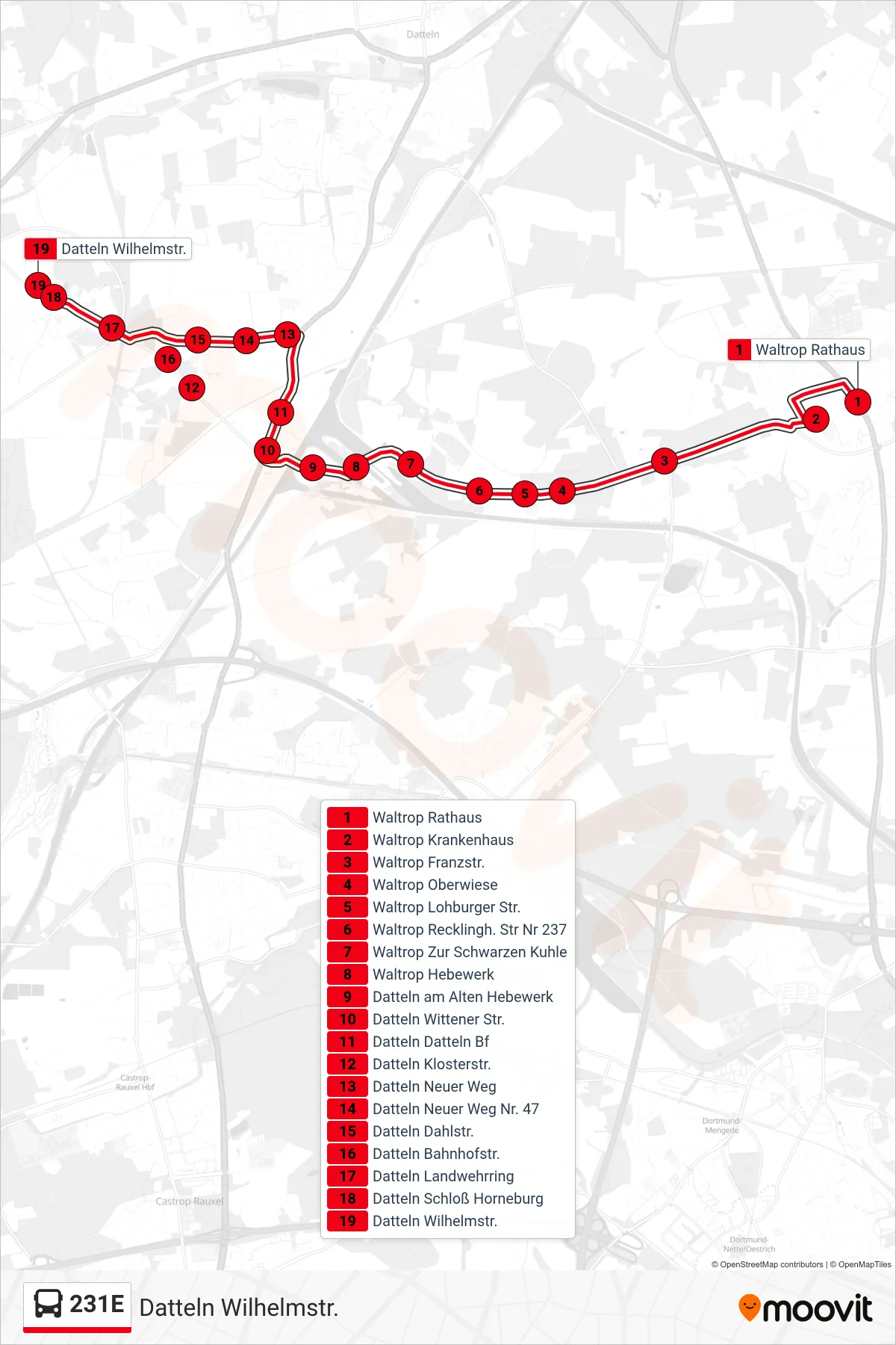 Linie 231E (Bus) Richtung Datteln Wilhelmstr.: Route und Haltestellen auf der Karte