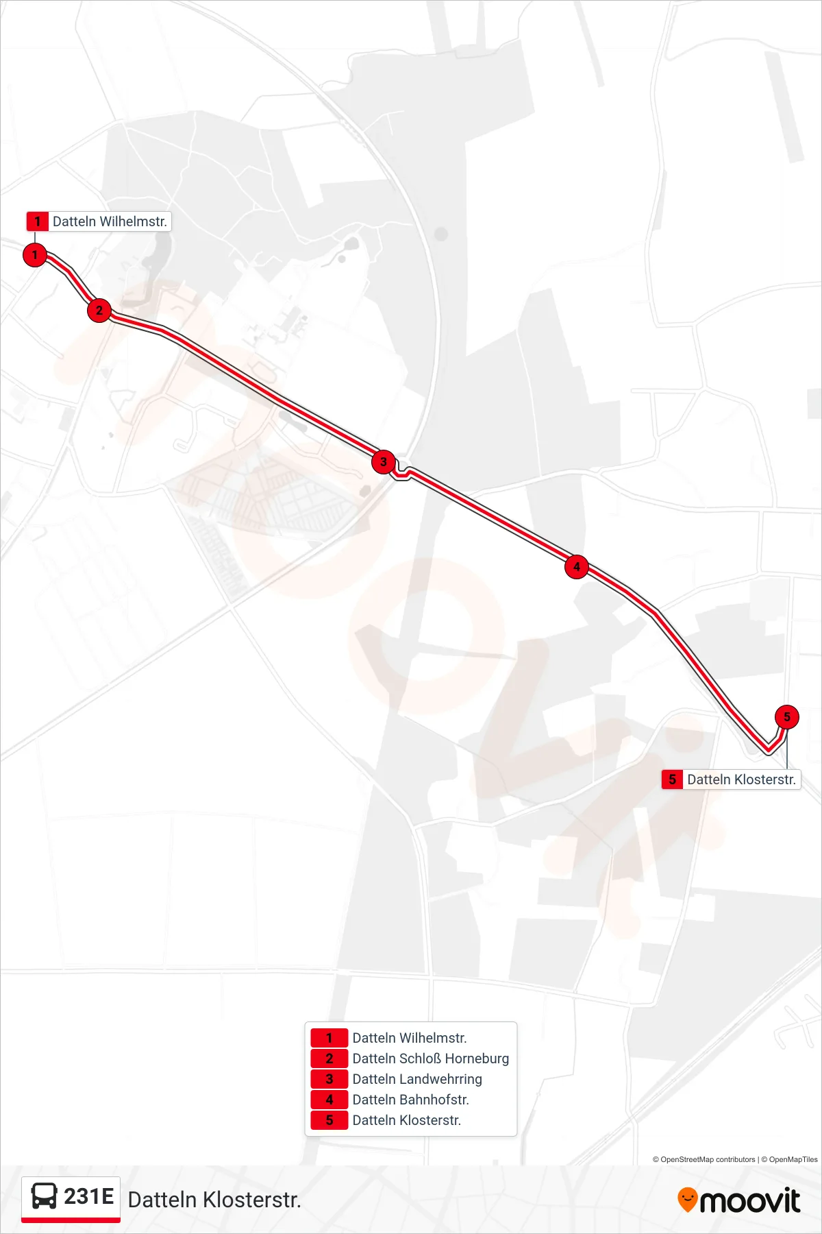 Linie 231E (Bus) Richtung Datteln Klosterstr.: Route und Haltestellen auf der Karte