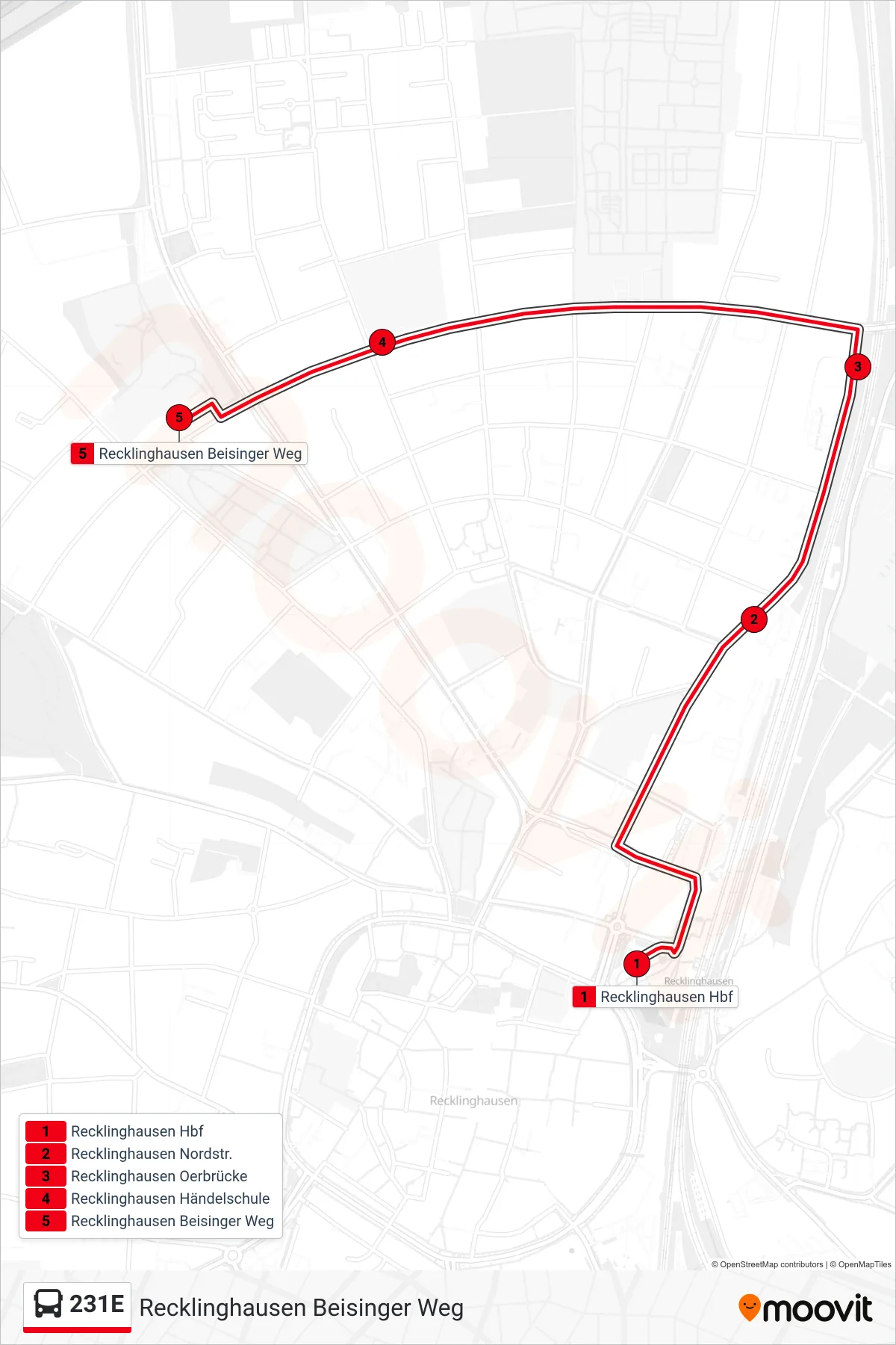 231E bus Line (Recklinghausen Beisinger Weg) route and stops on a map