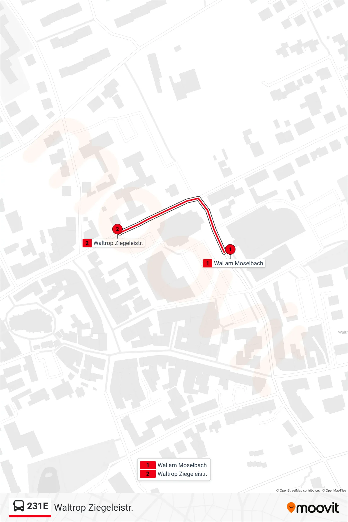 231E bus Line (Waltrop Ziegeleistr.) route and stops on a map