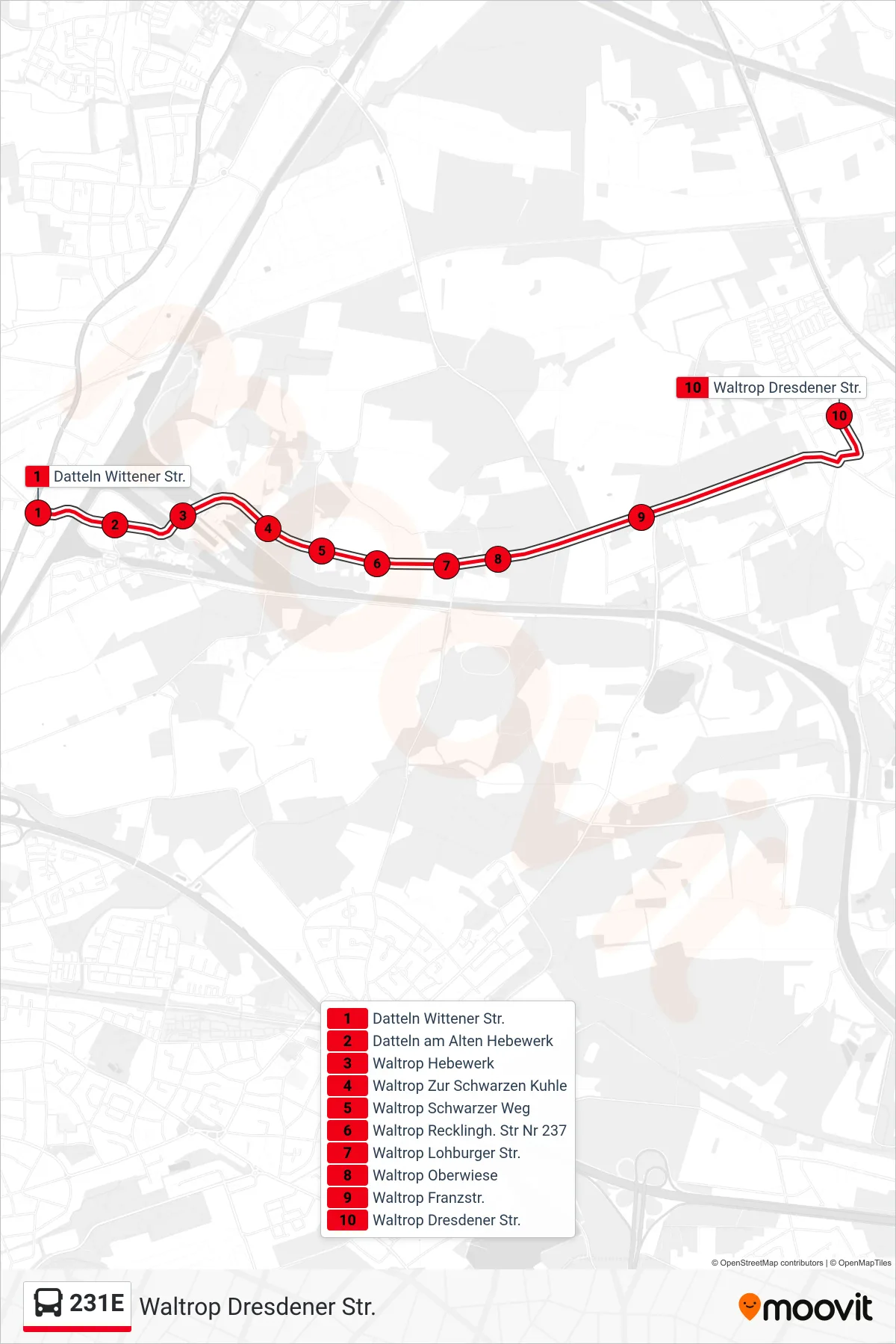 Linie 231E (Bus) Richtung Waltrop Dresdener Str.: Route und Haltestellen auf der Karte
