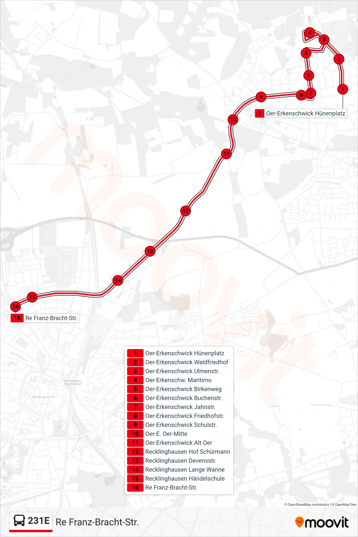 Linie 231E (Bus) Richtung Re Franz-Bracht-Str.: Route und Haltestellen auf der Karte