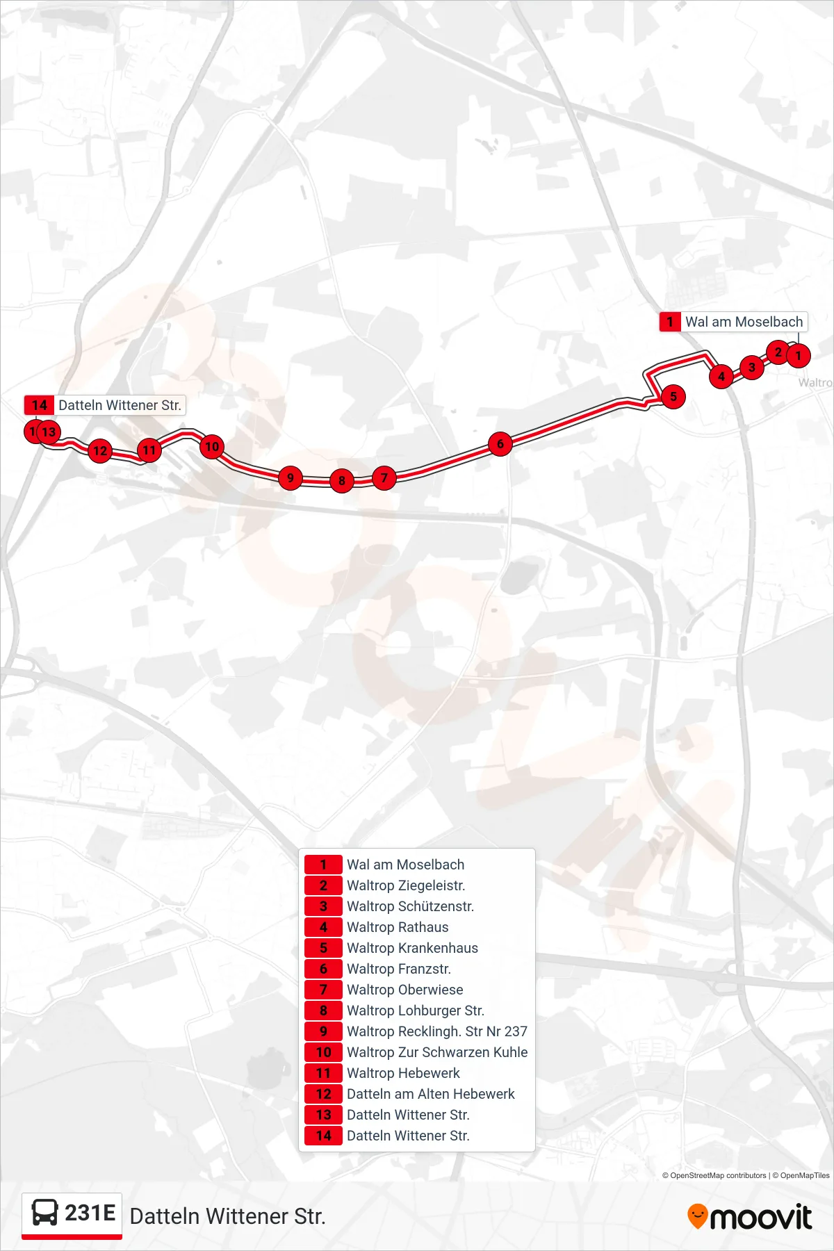 Linie 231E (Bus) Richtung Datteln Wittener Str.: Route und Haltestellen auf der Karte
