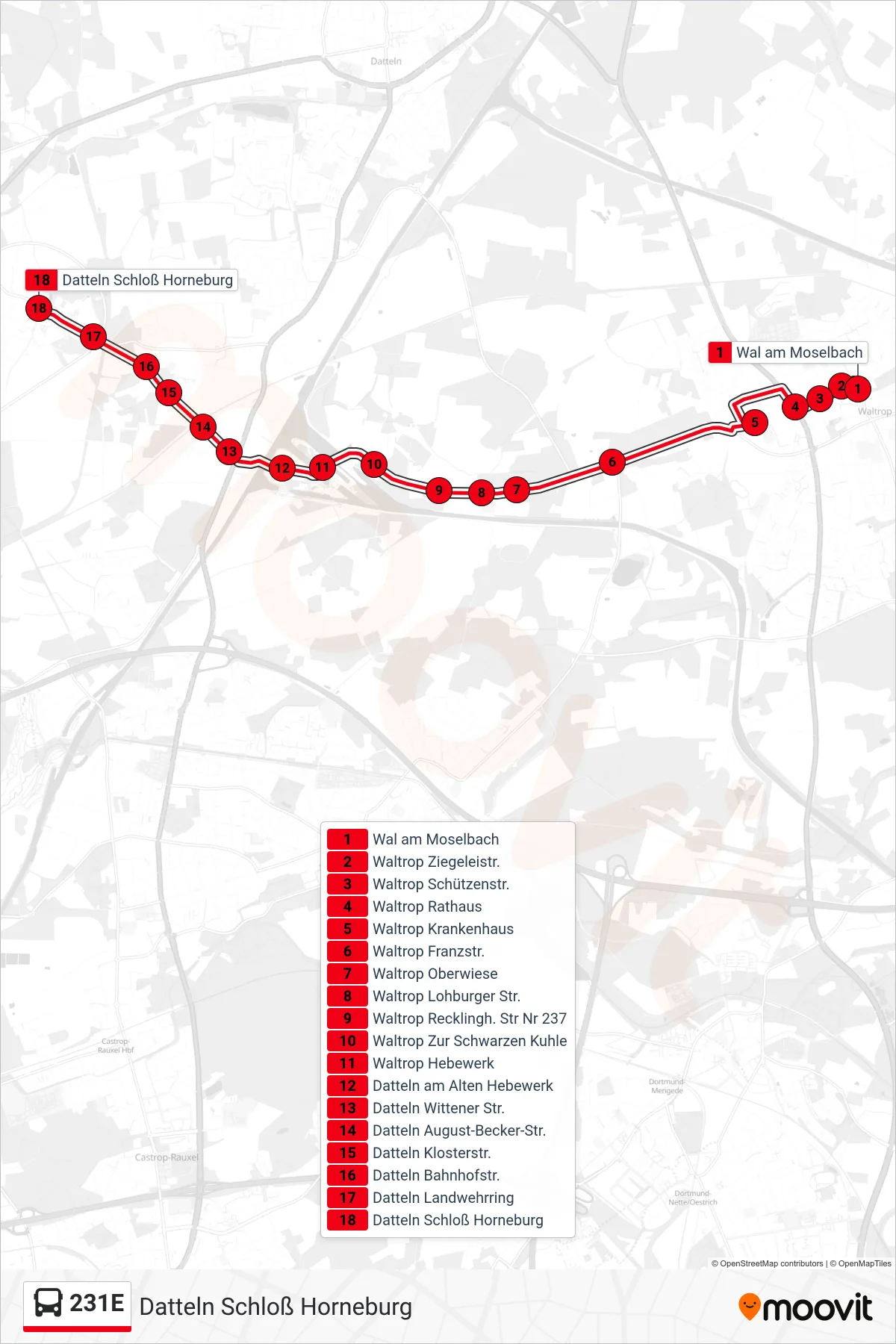 Linie 231E (Bus) Richtung Datteln Schloß Horneburg: Route und Haltestellen auf der Karte