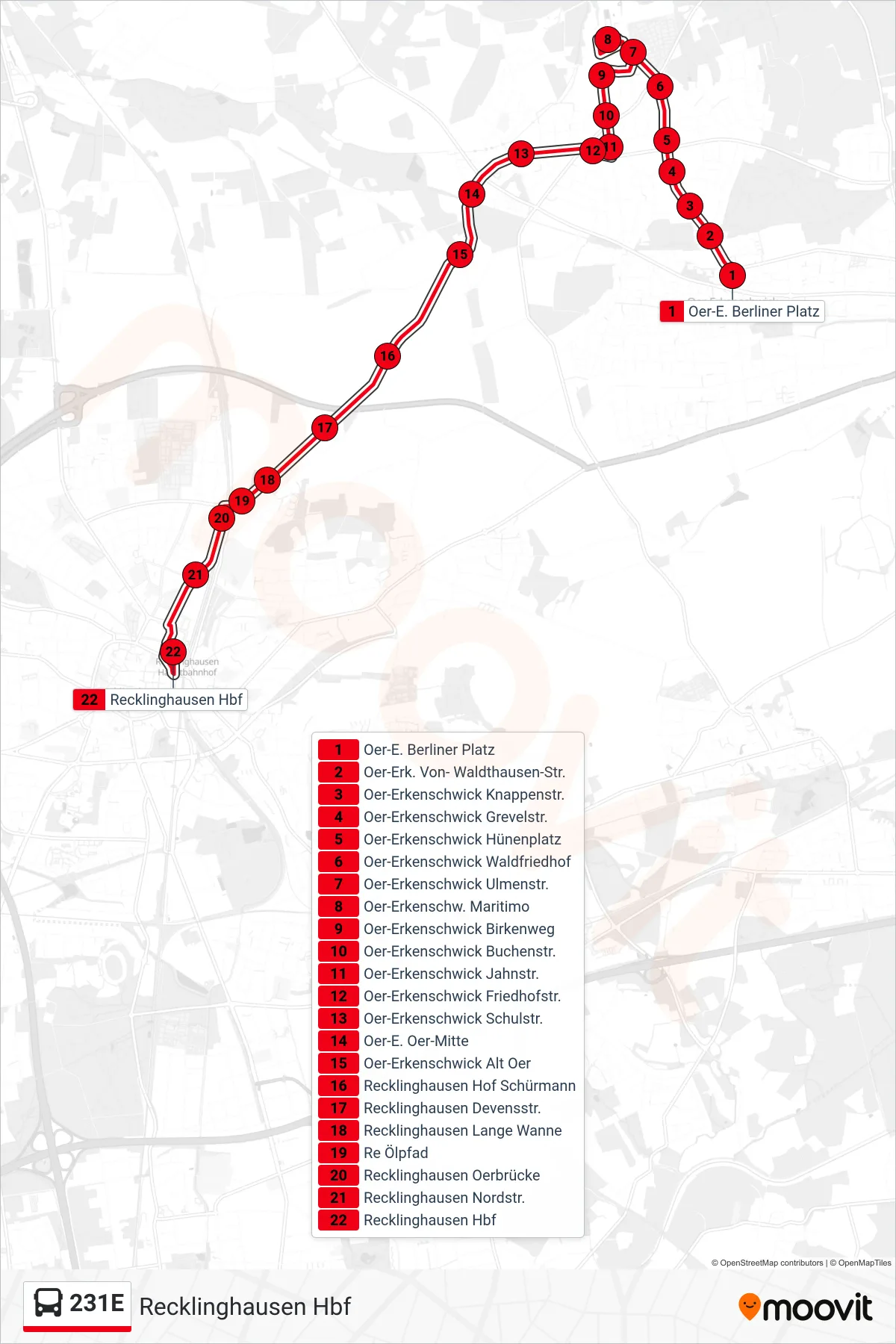 231E bus Line (Recklinghausen Hbf) route and stops on a map