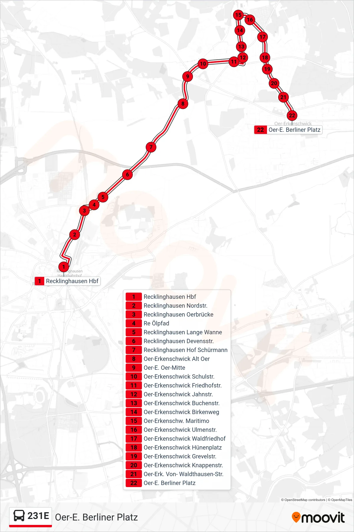 Linie 231E (Bus) Richtung Oer-E. Berliner Platz: Route und Haltestellen auf der Karte
