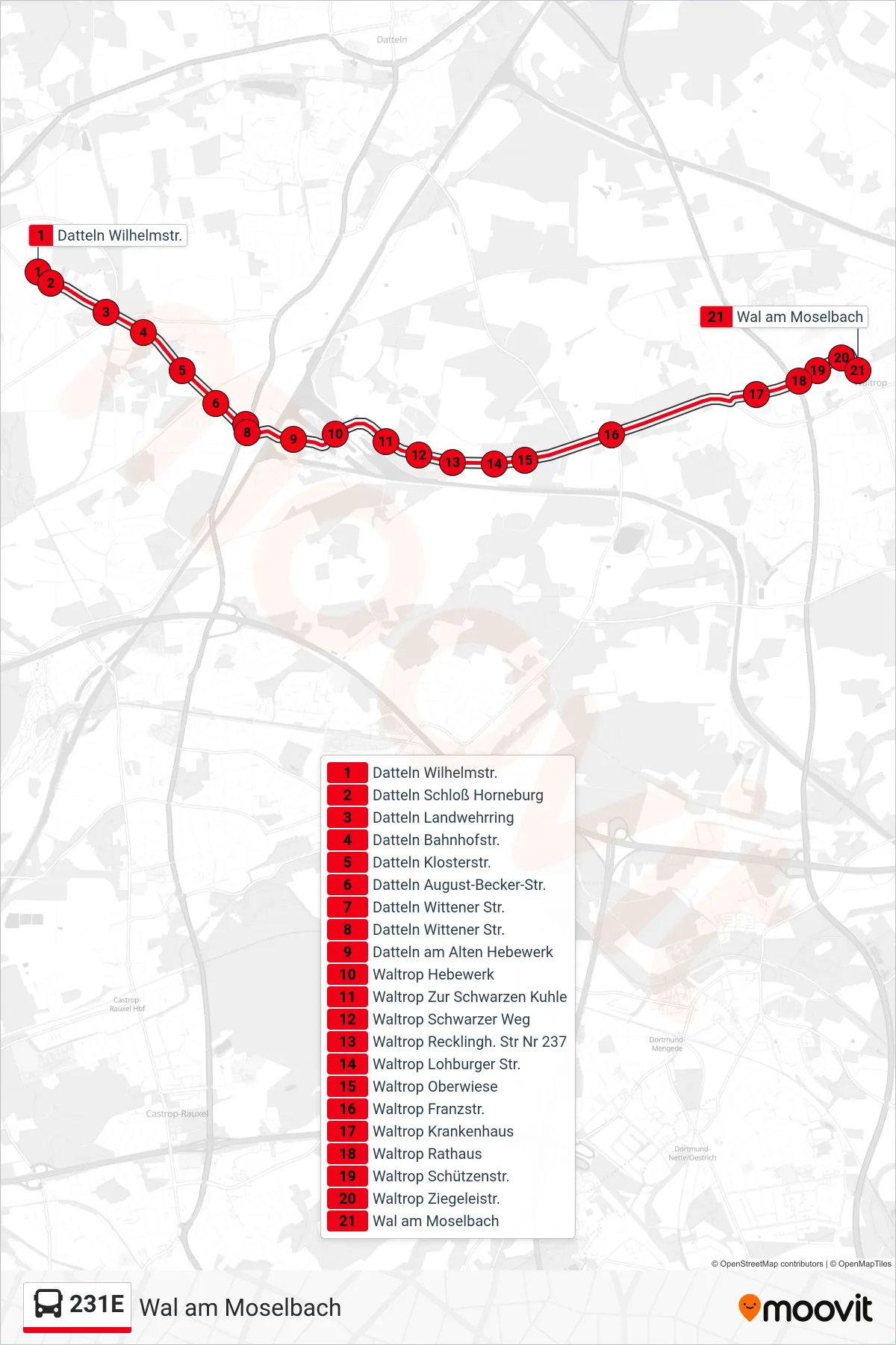 Linie 231E (Bus) Richtung Wal am Moselbach: Route und Haltestellen auf der Karte