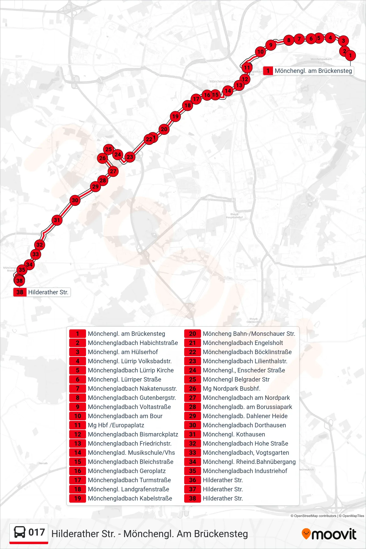 017 bus Line (Hilderather Str.) route and stops on a map