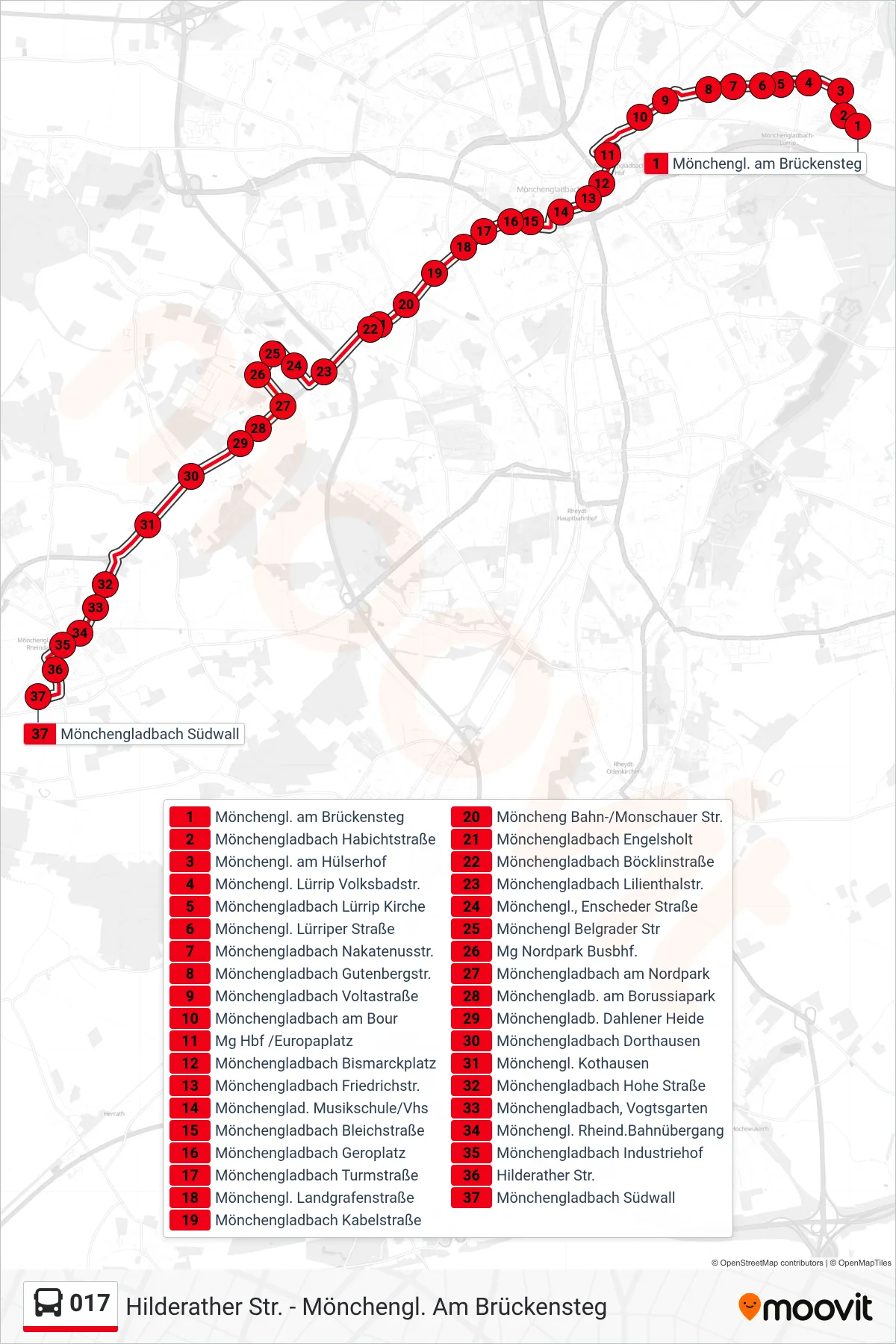 Linie 017 (Bus) Richtung Mönchengladbach Südwall: Route und Haltestellen auf der Karte