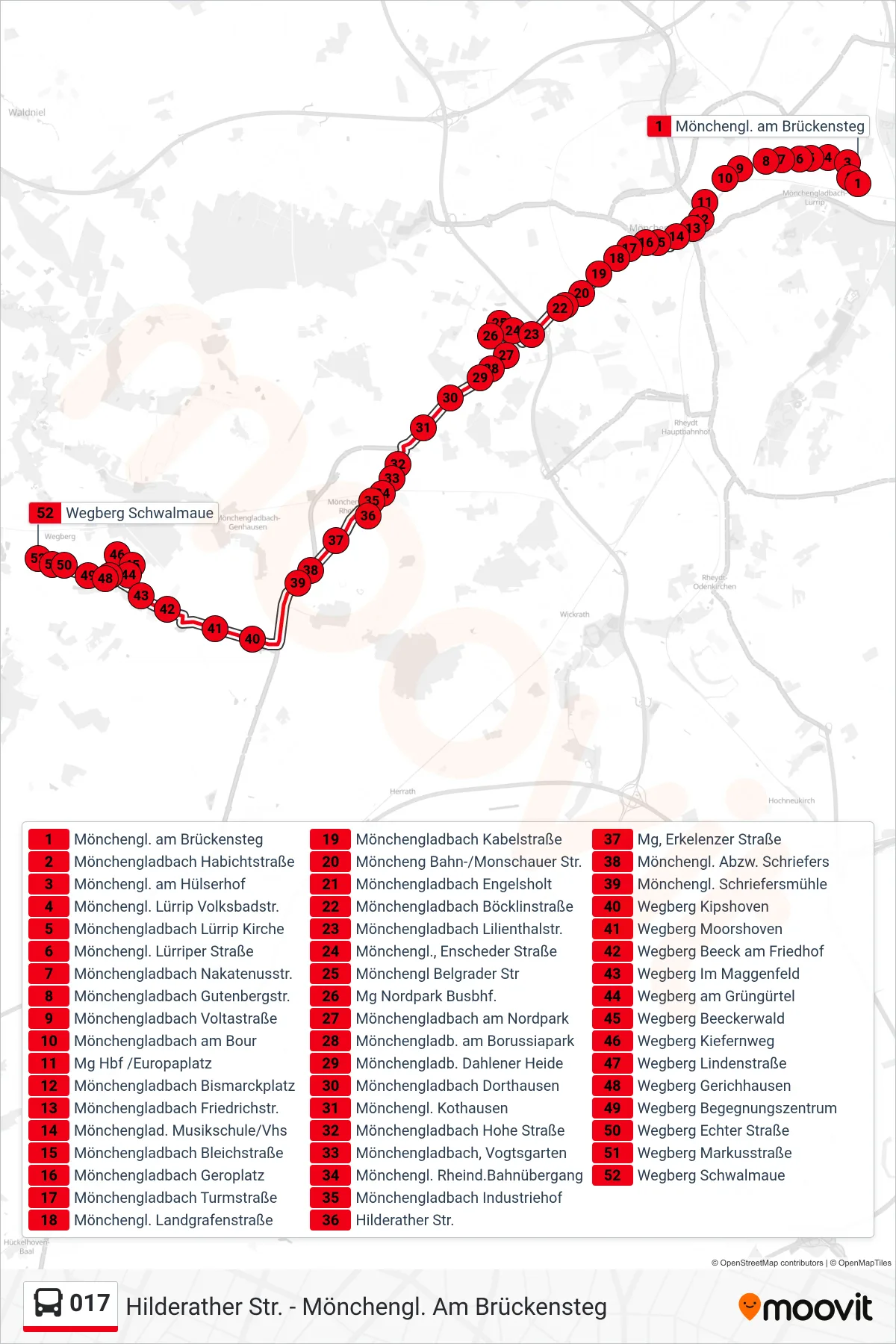 017 bus Line (Wegberg Schwalmaue) route and stops on a map