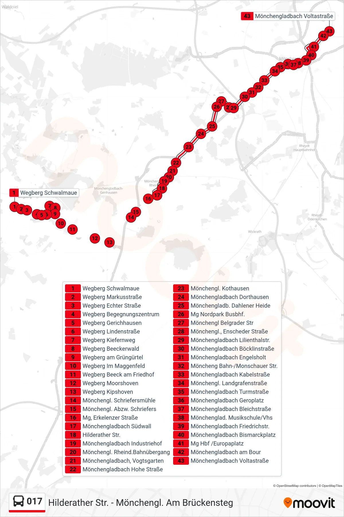 017 bus Line (Mönchengladbach Voltastraße) route and stops on a map