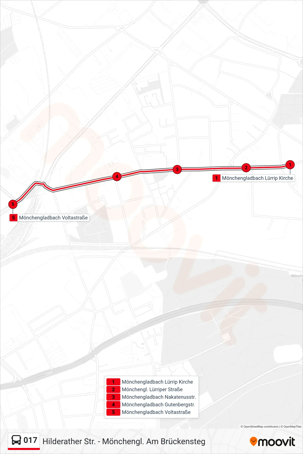 017 bus Line (Mönchengladbach Voltastraße) route and stops on a map