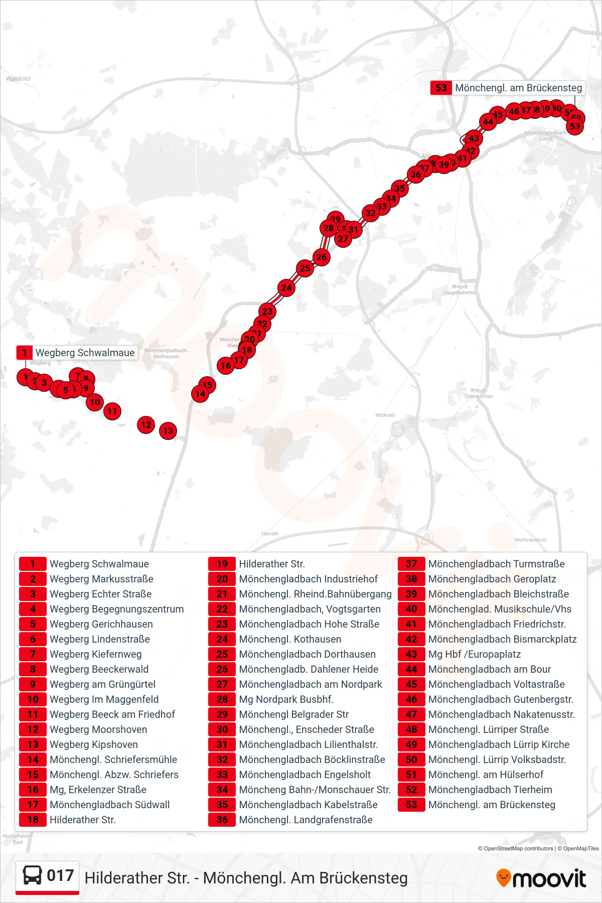017 bus Line (Mönchengl. am Brückensteg) route and stops on a map