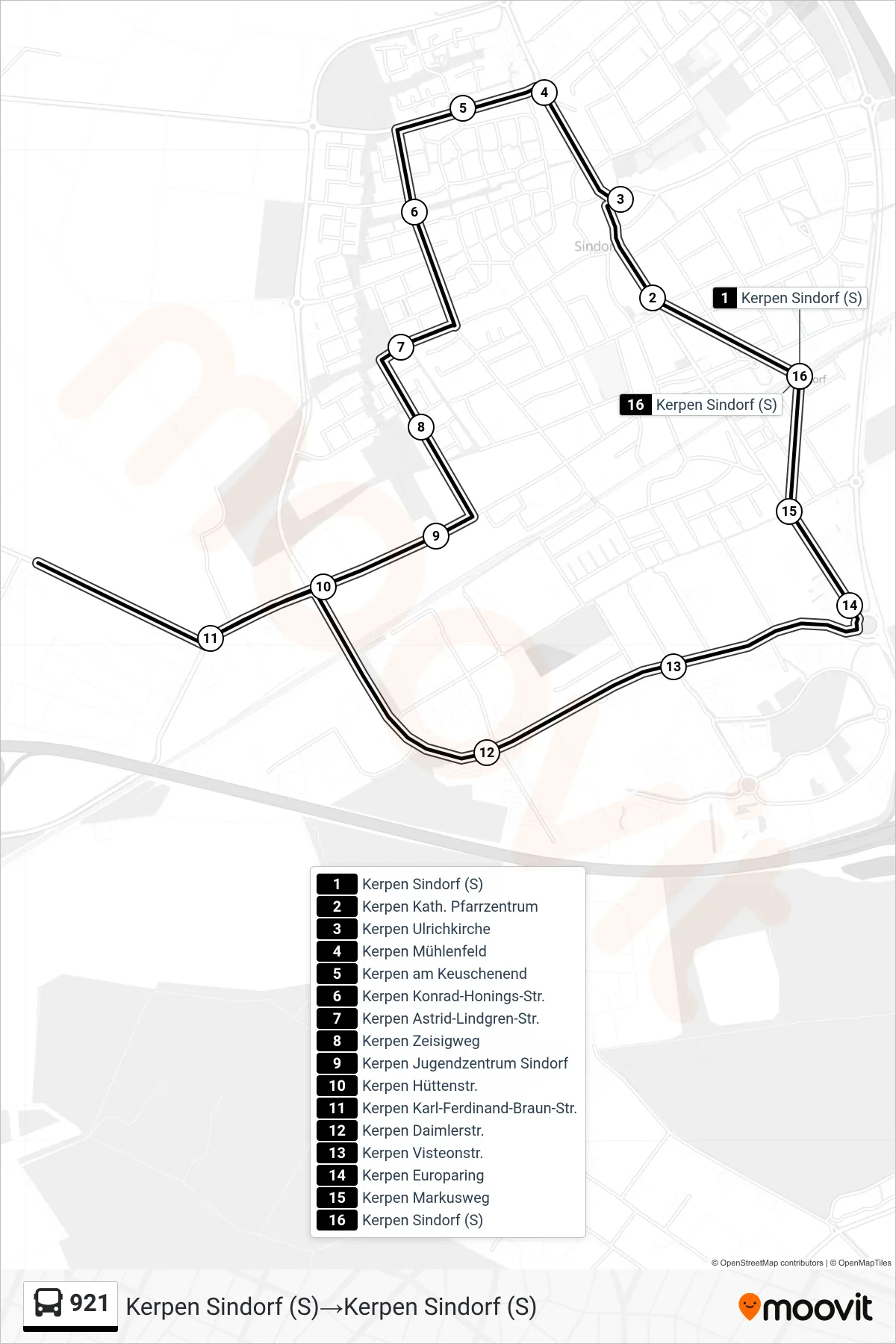 Linie 921 (Bus) Richtung Kerpen Sindorf (S)‎→Kerpen Sindorf (S): Route und Haltestellen auf der Karte