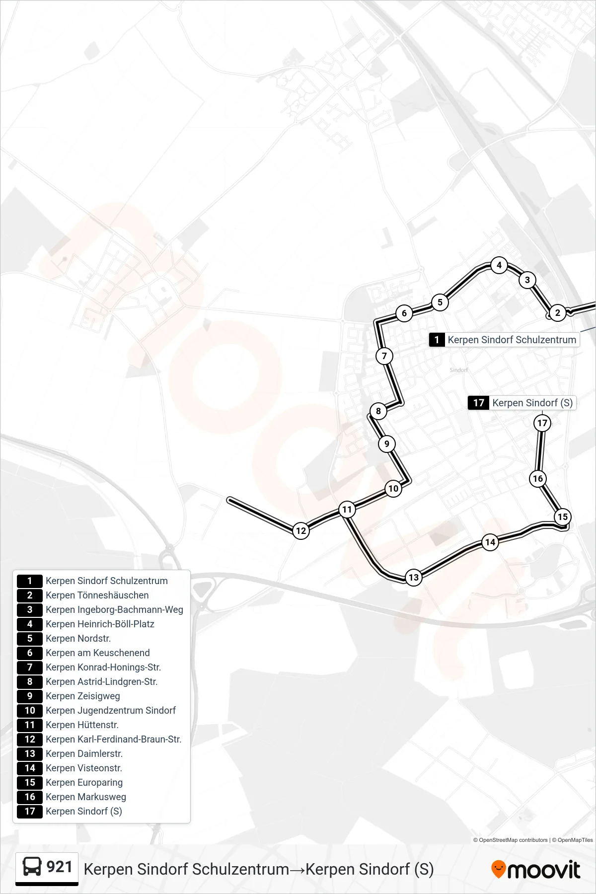 Linie 921 (Bus) Richtung Kerpen Sindorf Schulzentrum‎→Kerpen Sindorf (S): Route und Haltestellen auf der Karte