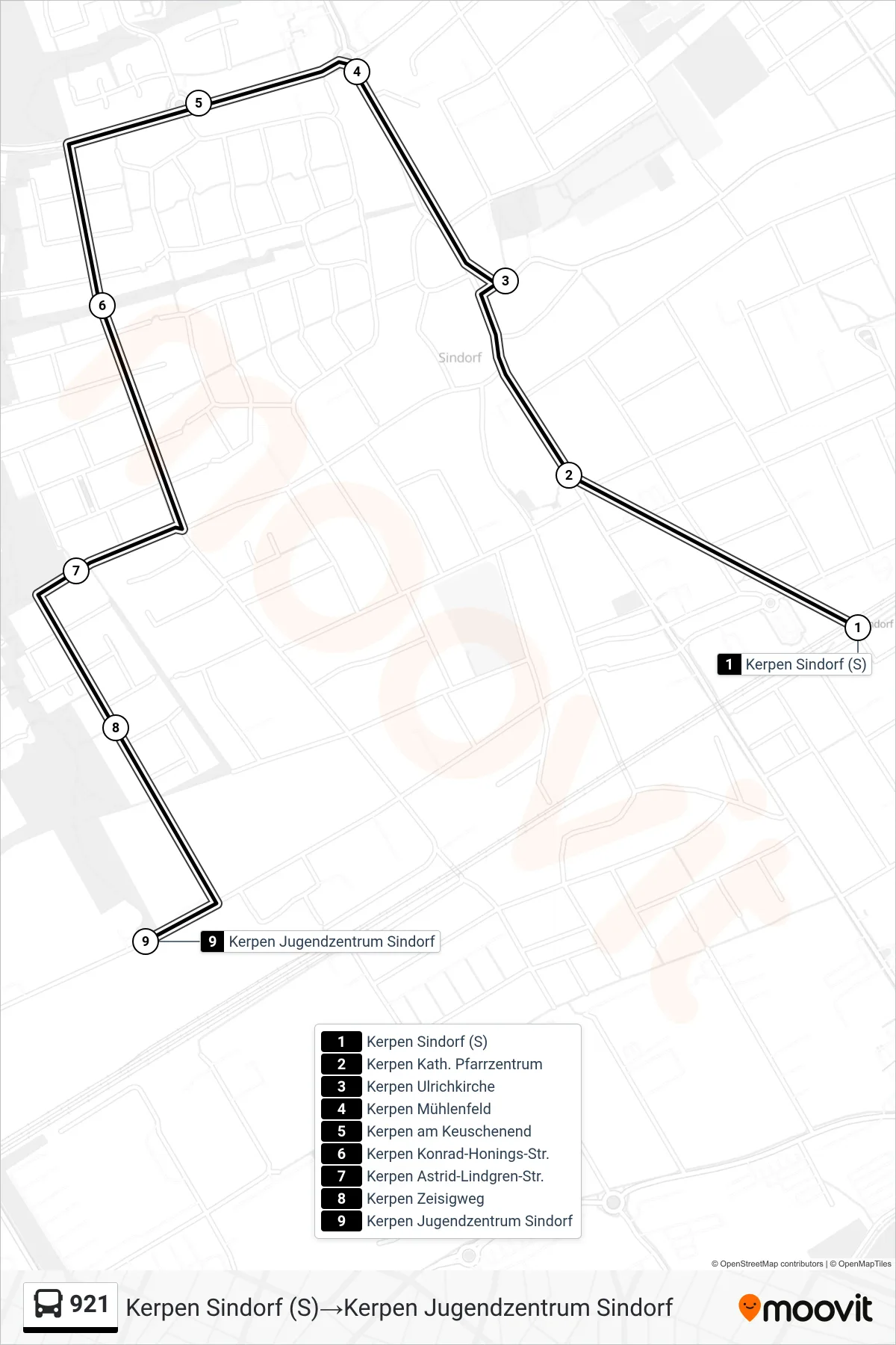 Linie 921 (Bus) Richtung Kerpen Sindorf (S)→Kerpen Jugendzentrum Sindorf: Route und Haltestellen auf der Karte