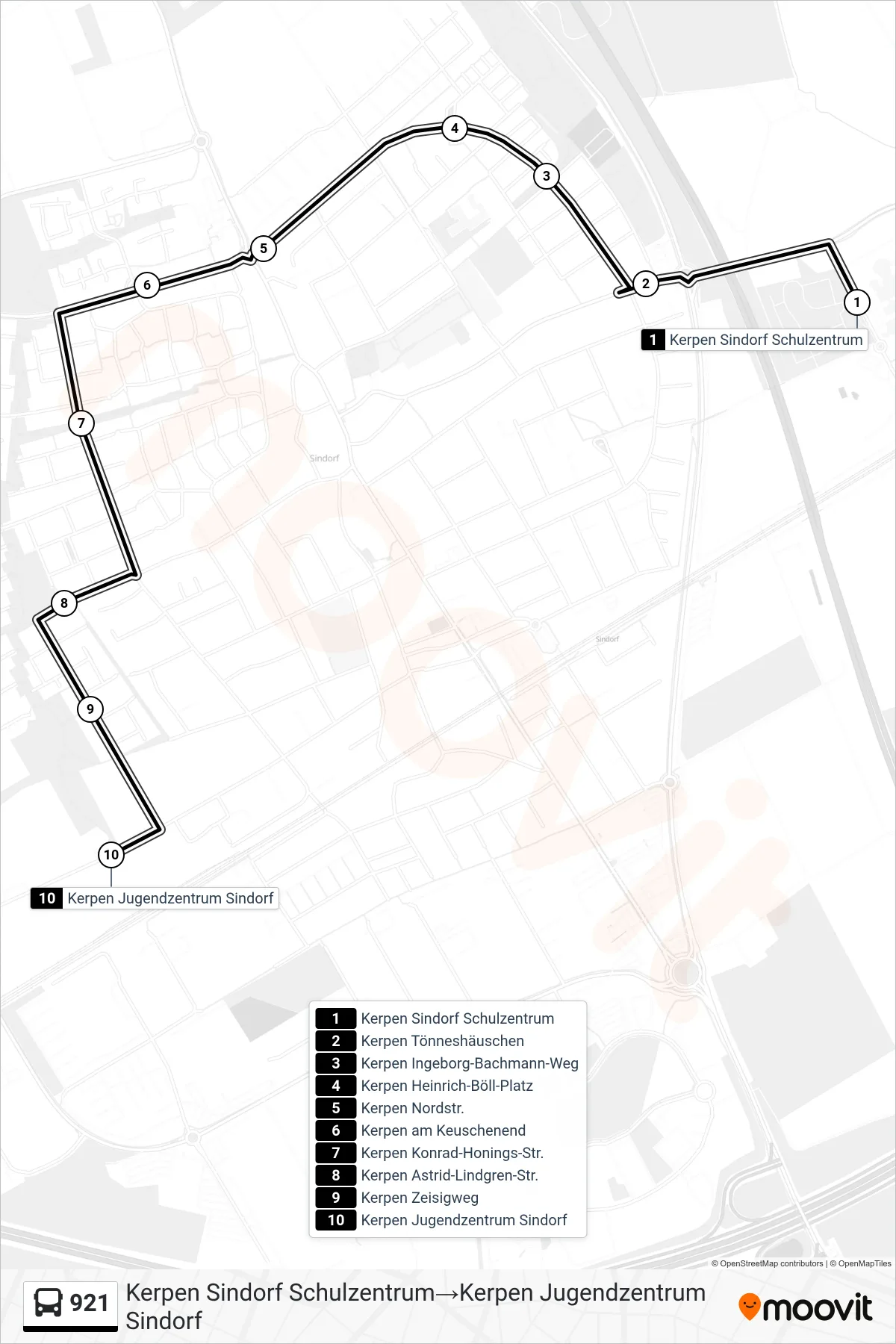 921 bus Line (Kerpen Sindorf Schulzentrum‎→Kerpen Jugendzentrum Sindorf) route and stops on a map