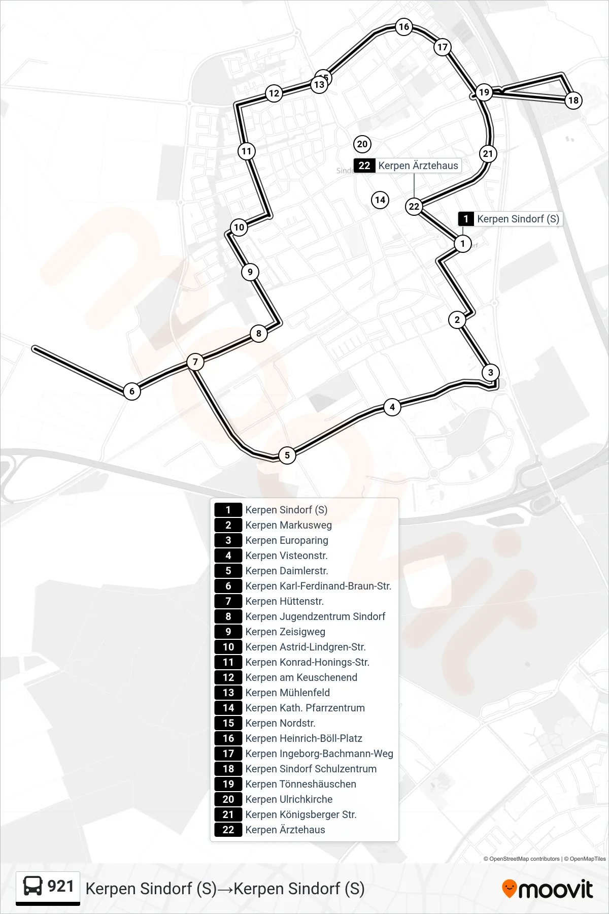 Linie 921 (Bus) Richtung Kerpen Sindorf (S)‎→Kerpen Sindorf (S): Route und Haltestellen auf der Karte
