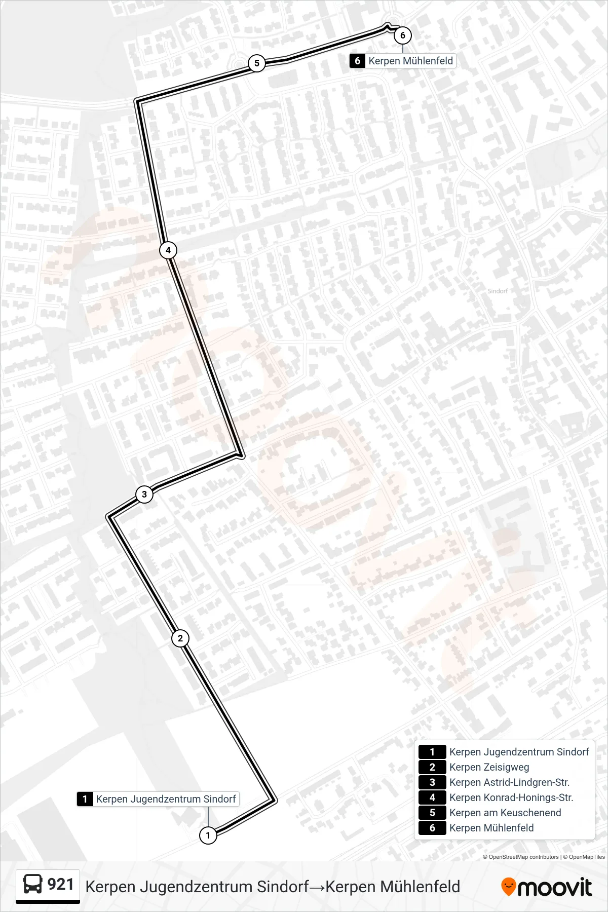Linie 921 (Bus) Richtung Kerpen Jugendzentrum Sindorf→Kerpen Mühlenfeld: Route und Haltestellen auf der Karte