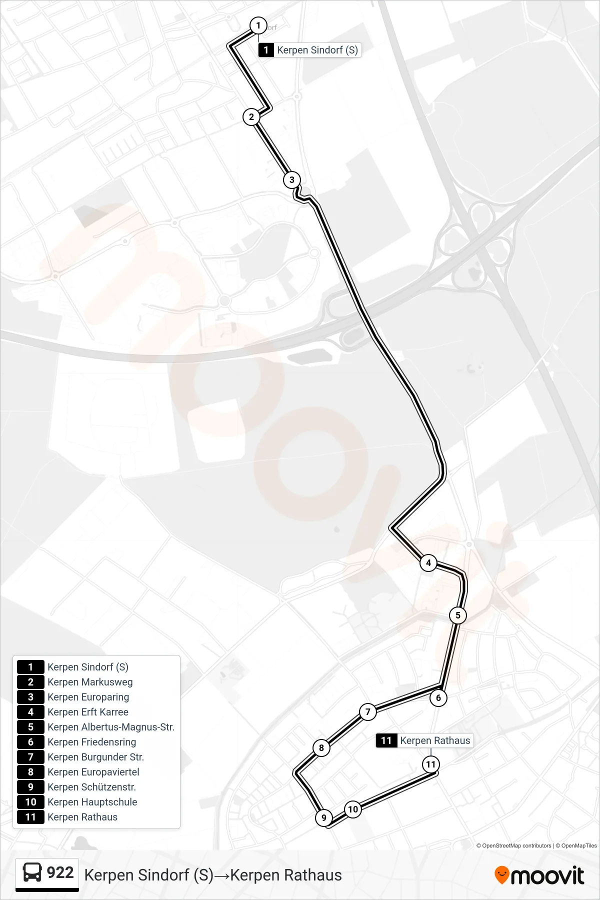 Linie 922 (Bus) Richtung Kerpen Sindorf (S)‎→Kerpen Rathaus: Route und Haltestellen auf der Karte