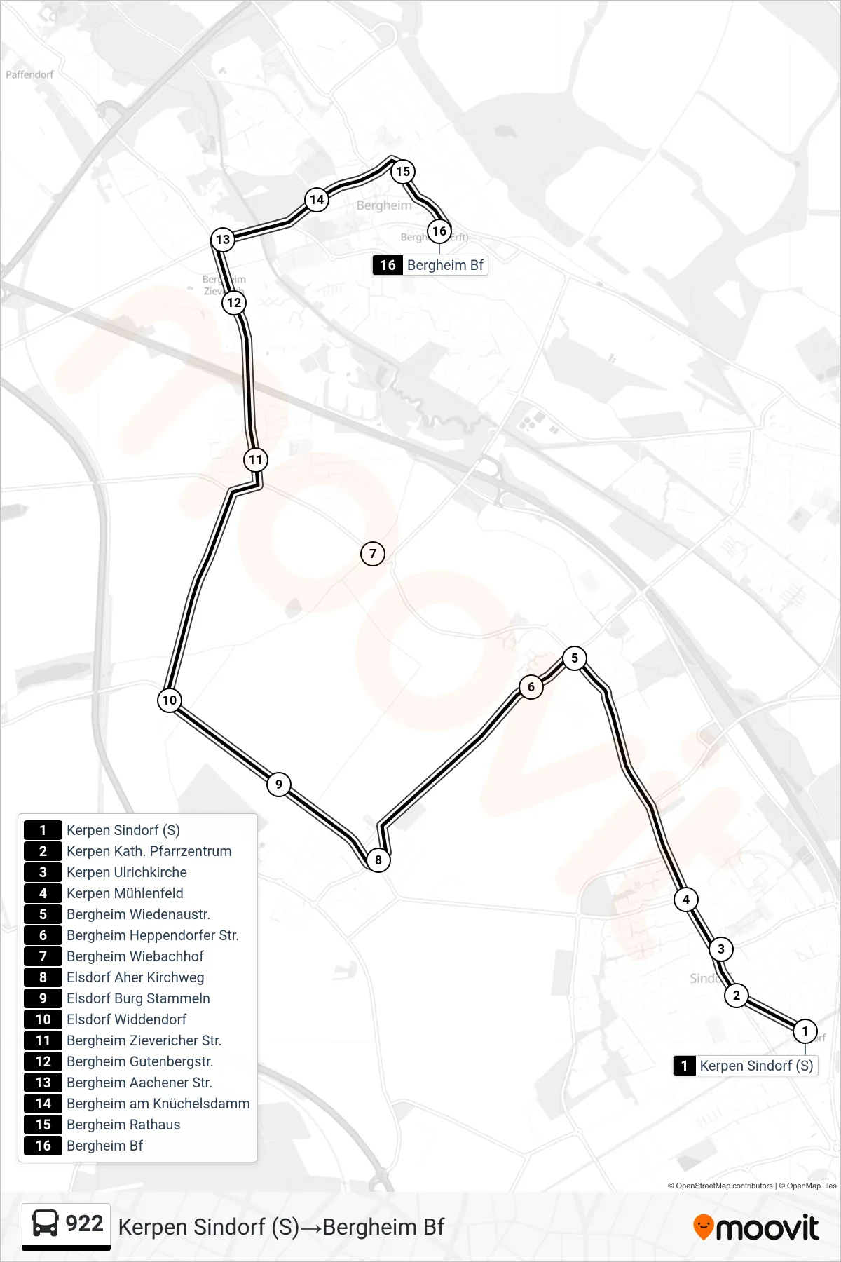 Linie 922 (Bus) Richtung Kerpen Sindorf (S)→Bergheim Bf: Route und Haltestellen auf der Karte