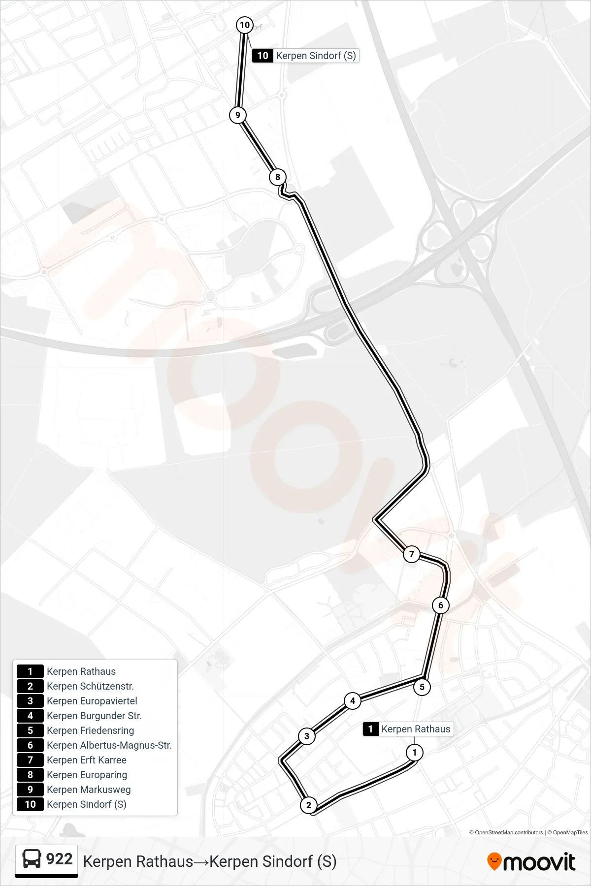 Linie 922 (Bus) Richtung Kerpen Rathaus→Kerpen Sindorf (S): Route und Haltestellen auf der Karte