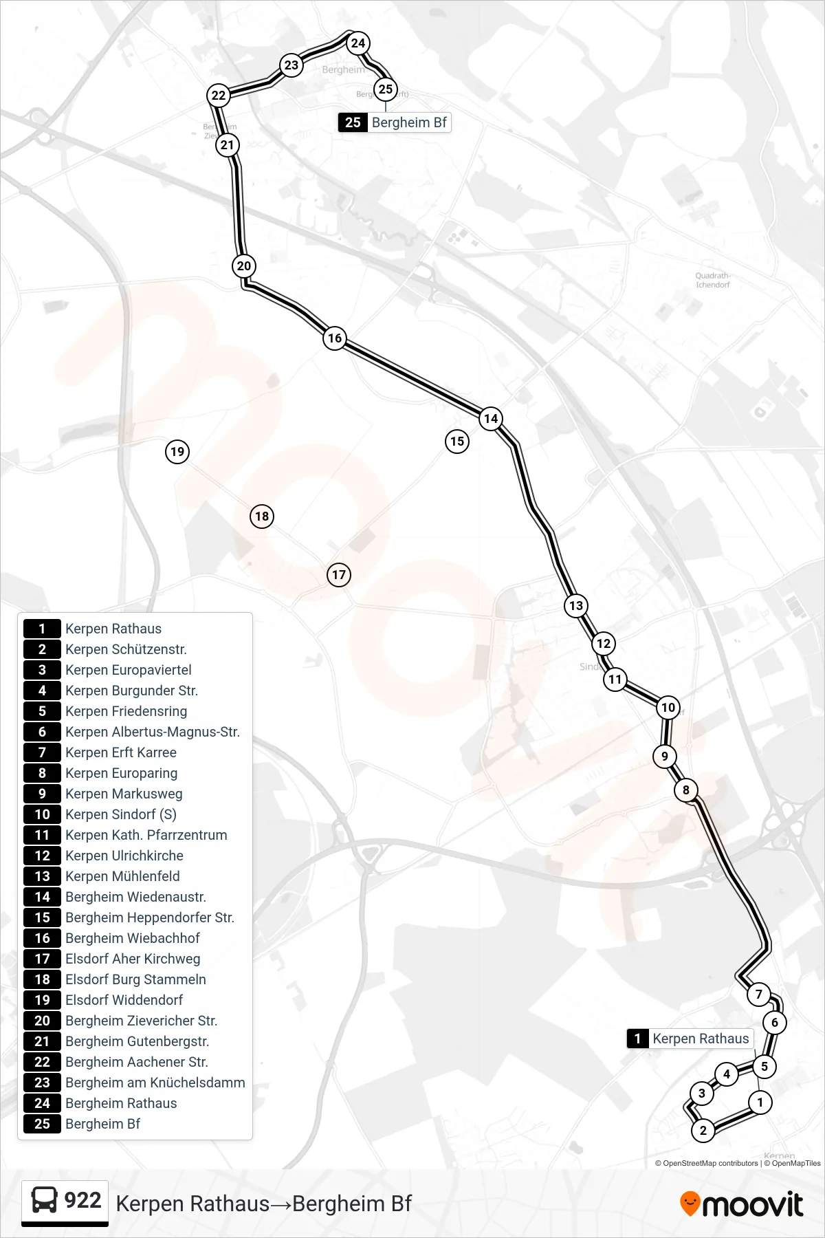 Linie 922 (Bus) Richtung Kerpen Rathaus→Bergheim Bf: Route und Haltestellen auf der Karte