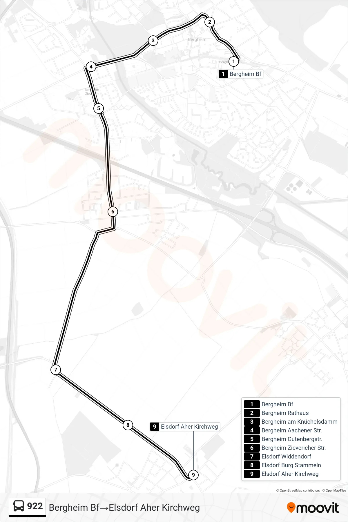 Linie 922 (Bus) Richtung Bergheim Bf→Elsdorf Aher Kirchweg: Route und Haltestellen auf der Karte